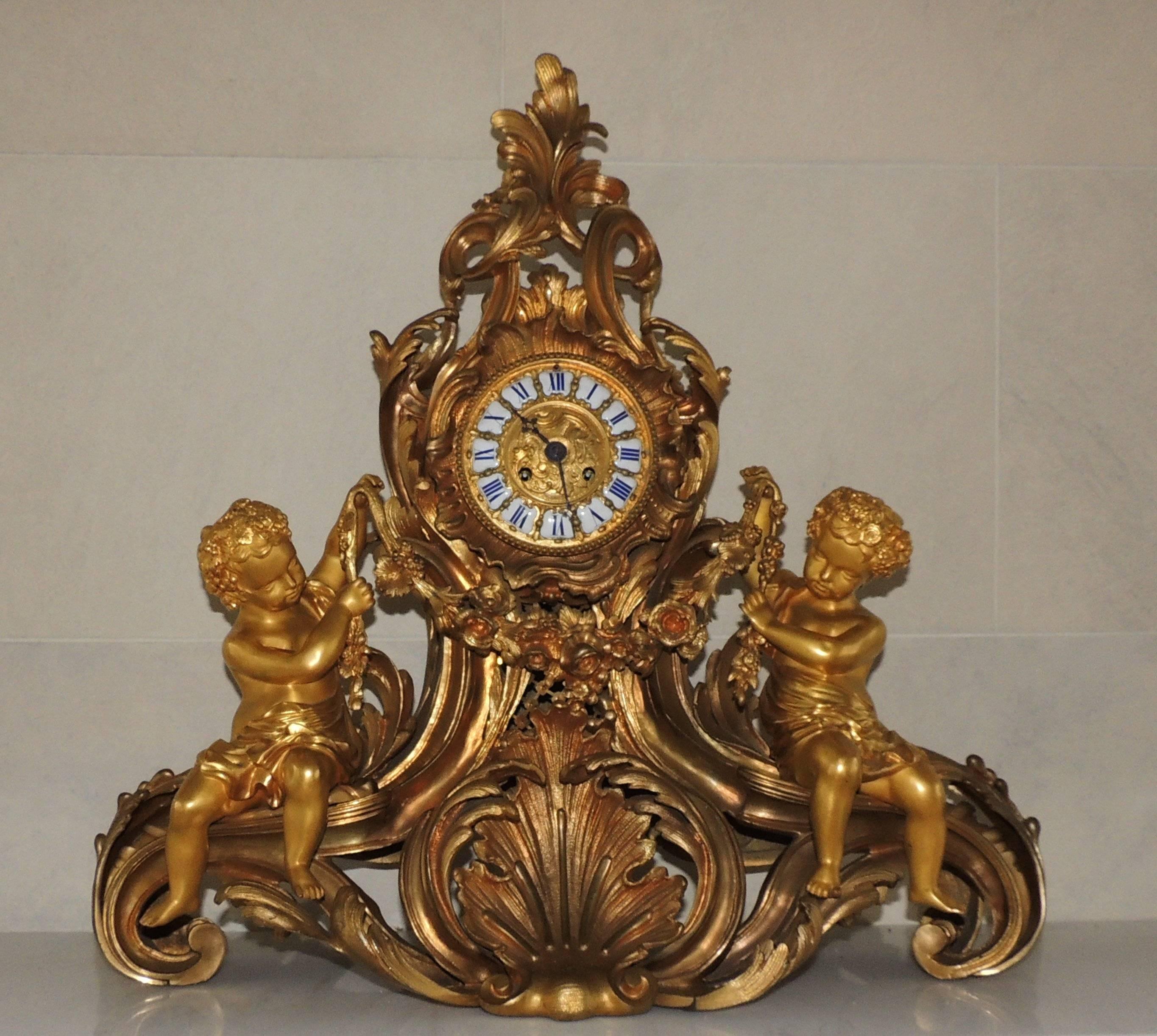 Belle Époque Wonderful Large French Cherub Putti, Gilt Dore Bronze Rococo Clock Set