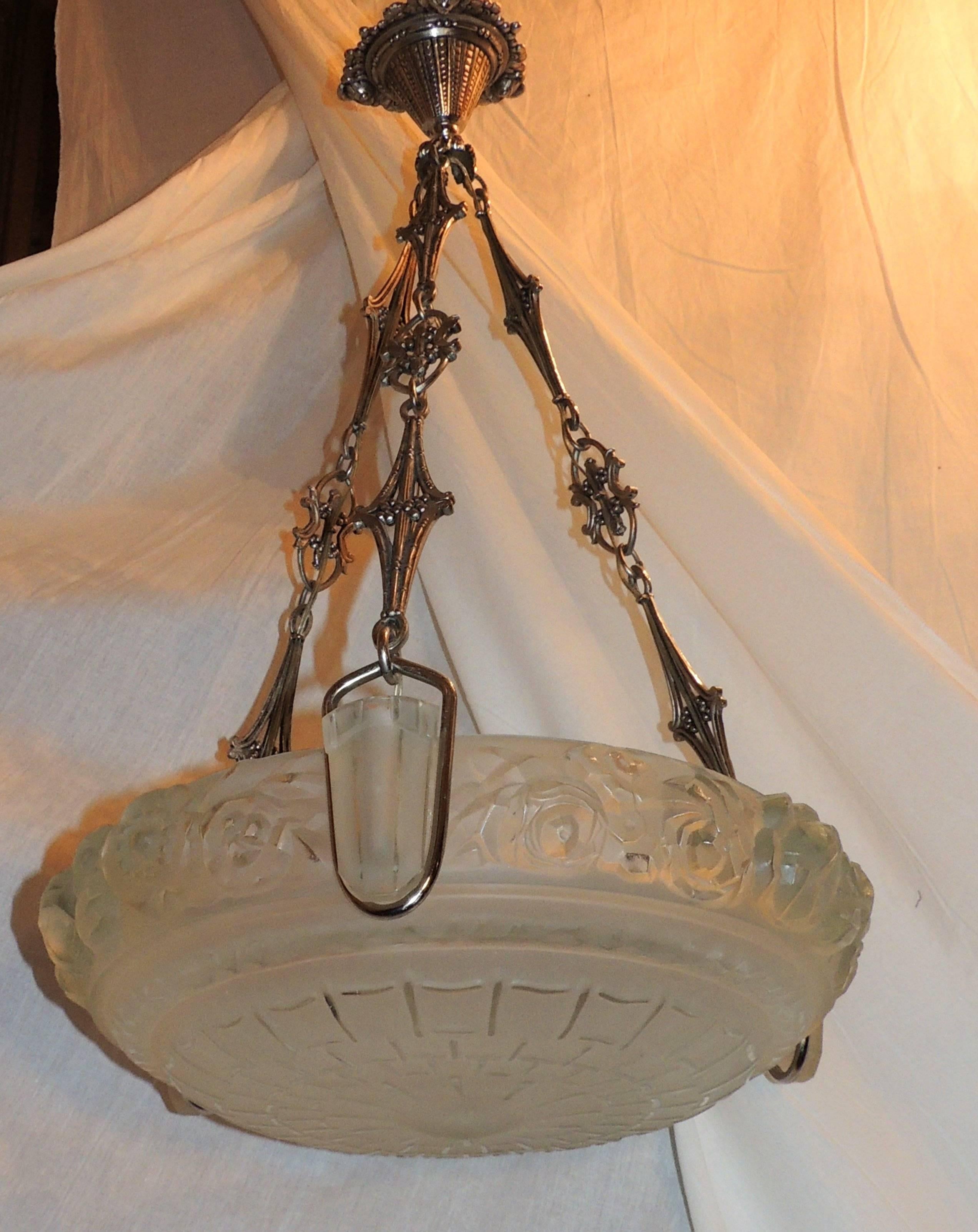 A wonderful French Art Deco signed chandelier by Sabino with floral frosted frosted opalescent art glass and ornate canopy and chain. The height is adjustable to what ever length you need. Fitted with three lights on the inside, maximum wattage per