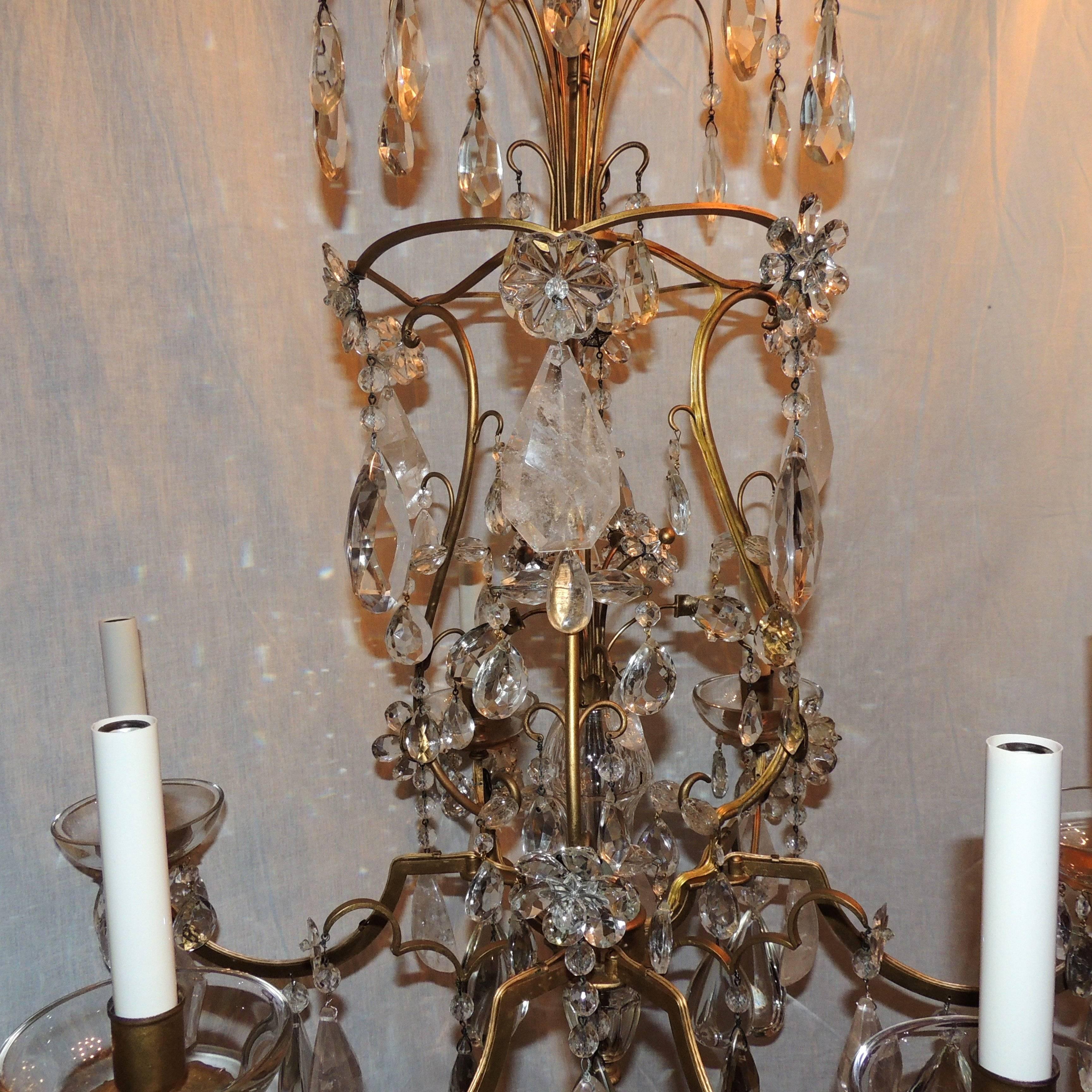 Wonderful French Bronze Baguès Gilt Pagoda Form Rock Crystal Chandelier Fixture In Excellent Condition For Sale In Roslyn, NY