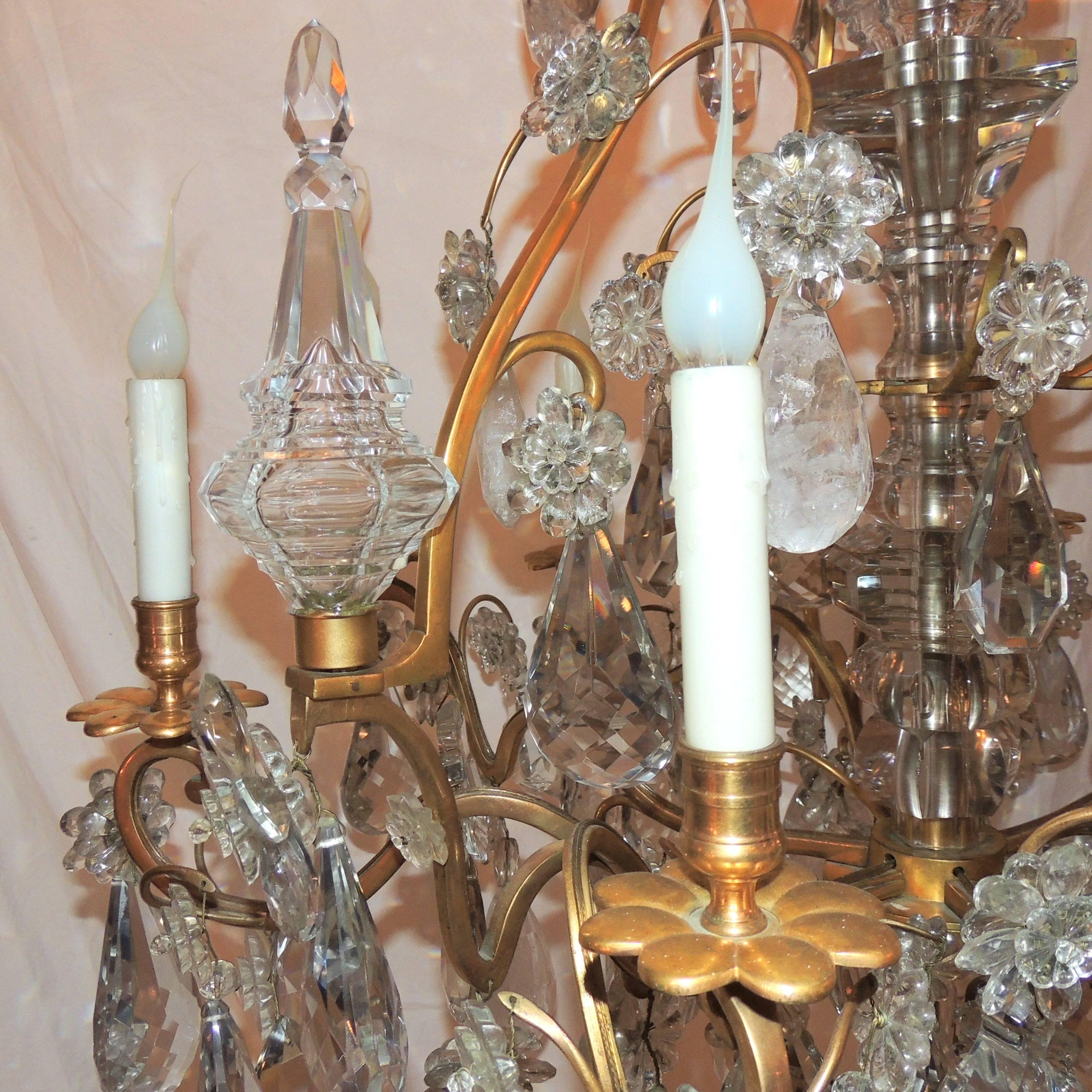 Large French Dore Bronze Rock Crystal Nine-Light Baguès Gilt Chandelier In Good Condition For Sale In Roslyn, NY