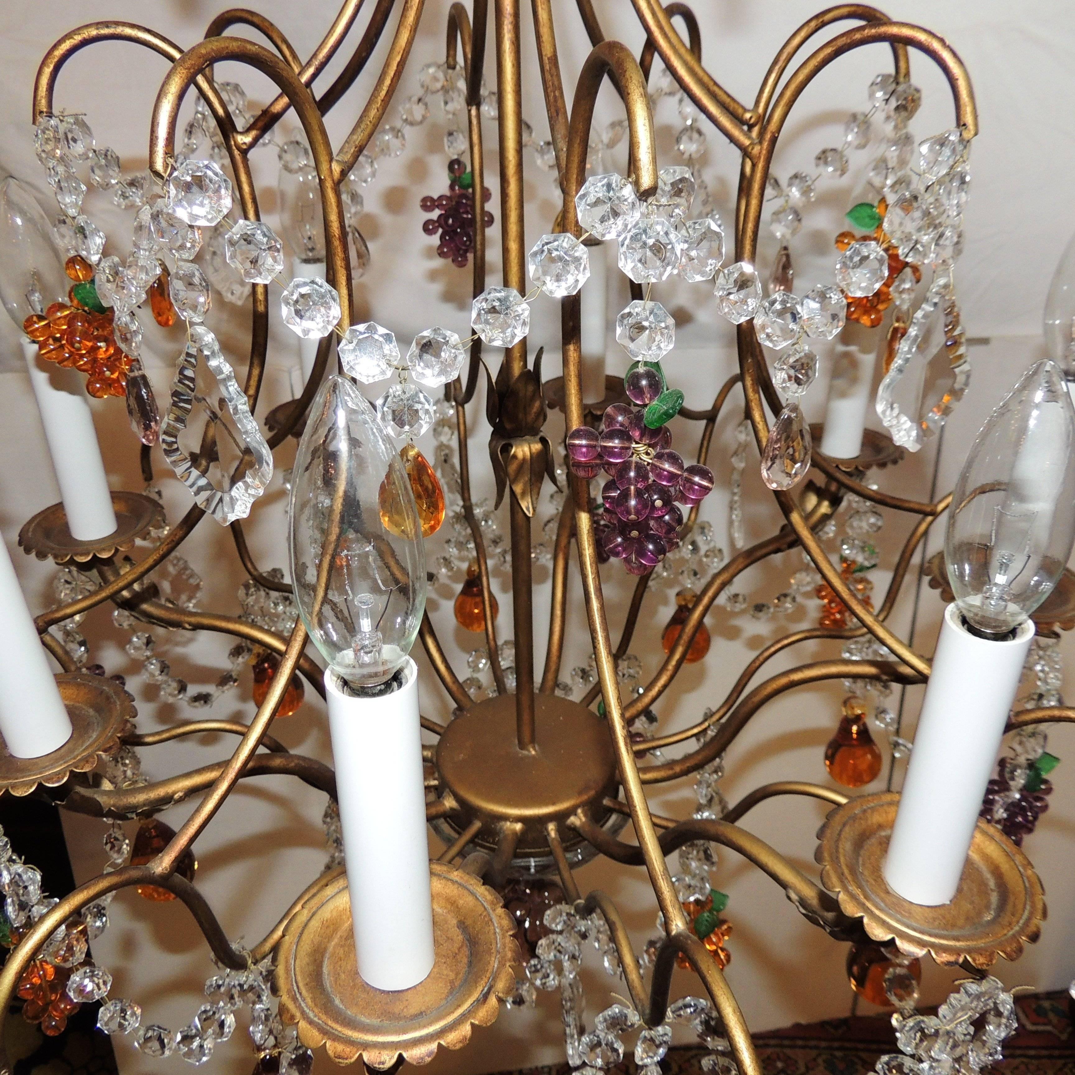 Vintage Italian Venetian Gilt Fruit Eight-Light Crystal Chandelier Fixture In Good Condition In Roslyn, NY