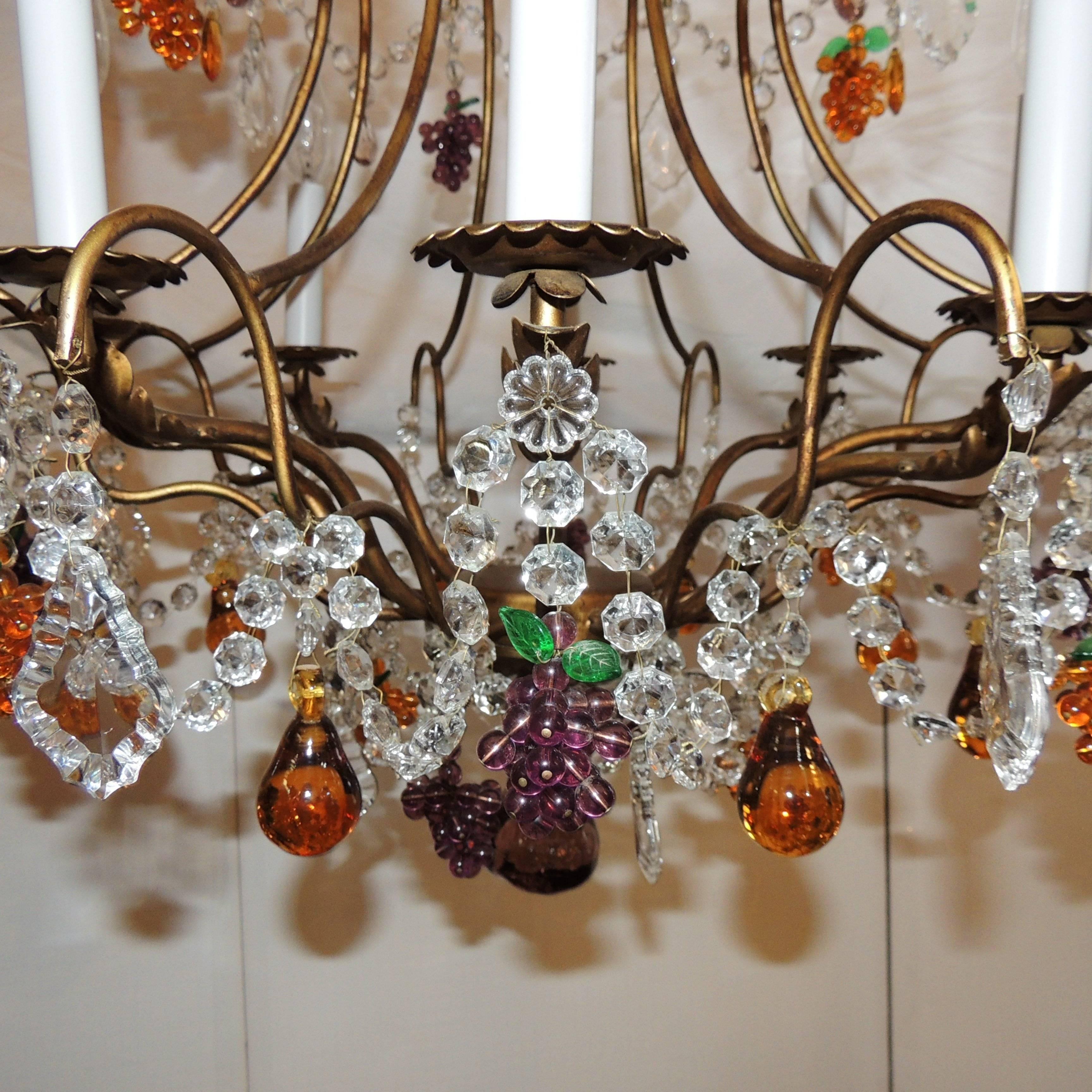 Vintage Italian Venetian Gilt Fruit Eight-Light Crystal Chandelier Fixture 1