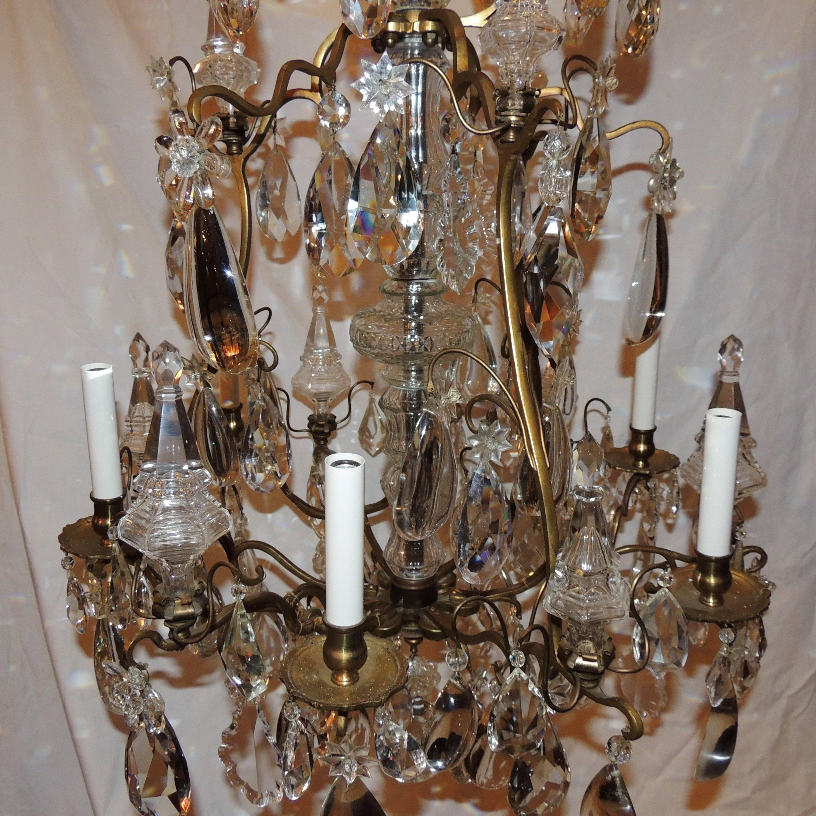 Fine French Dore Bronze Crystal Obilisk Six-Light Baccarat Chandelier Fixture In Good Condition For Sale In Roslyn, NY