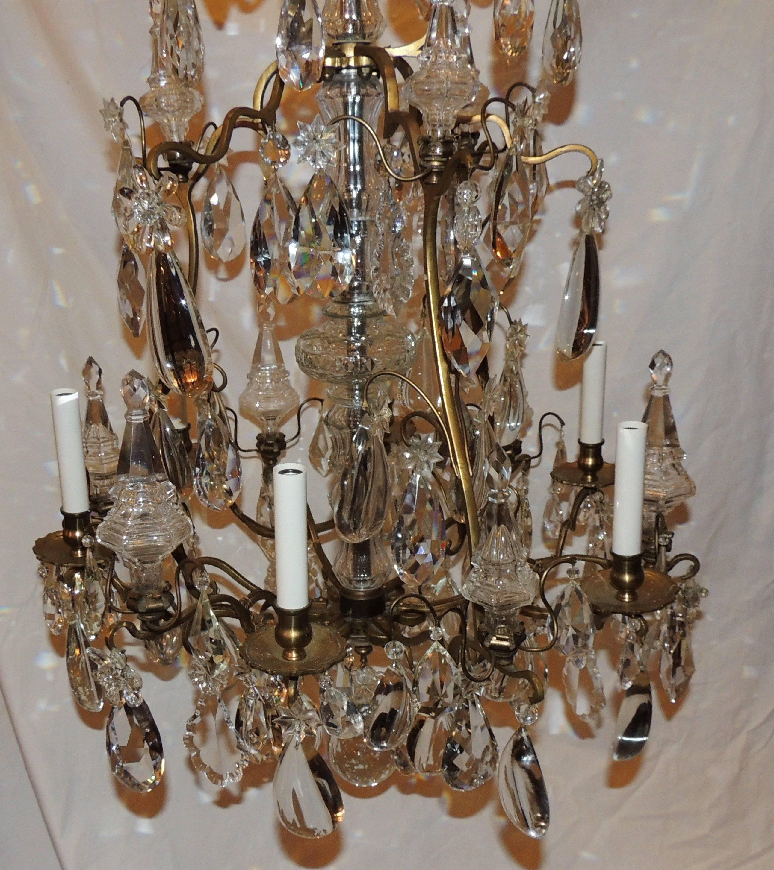 Mid-20th Century Fine French Dore Bronze Crystal Obilisk Six-Light Baccarat Chandelier Fixture For Sale