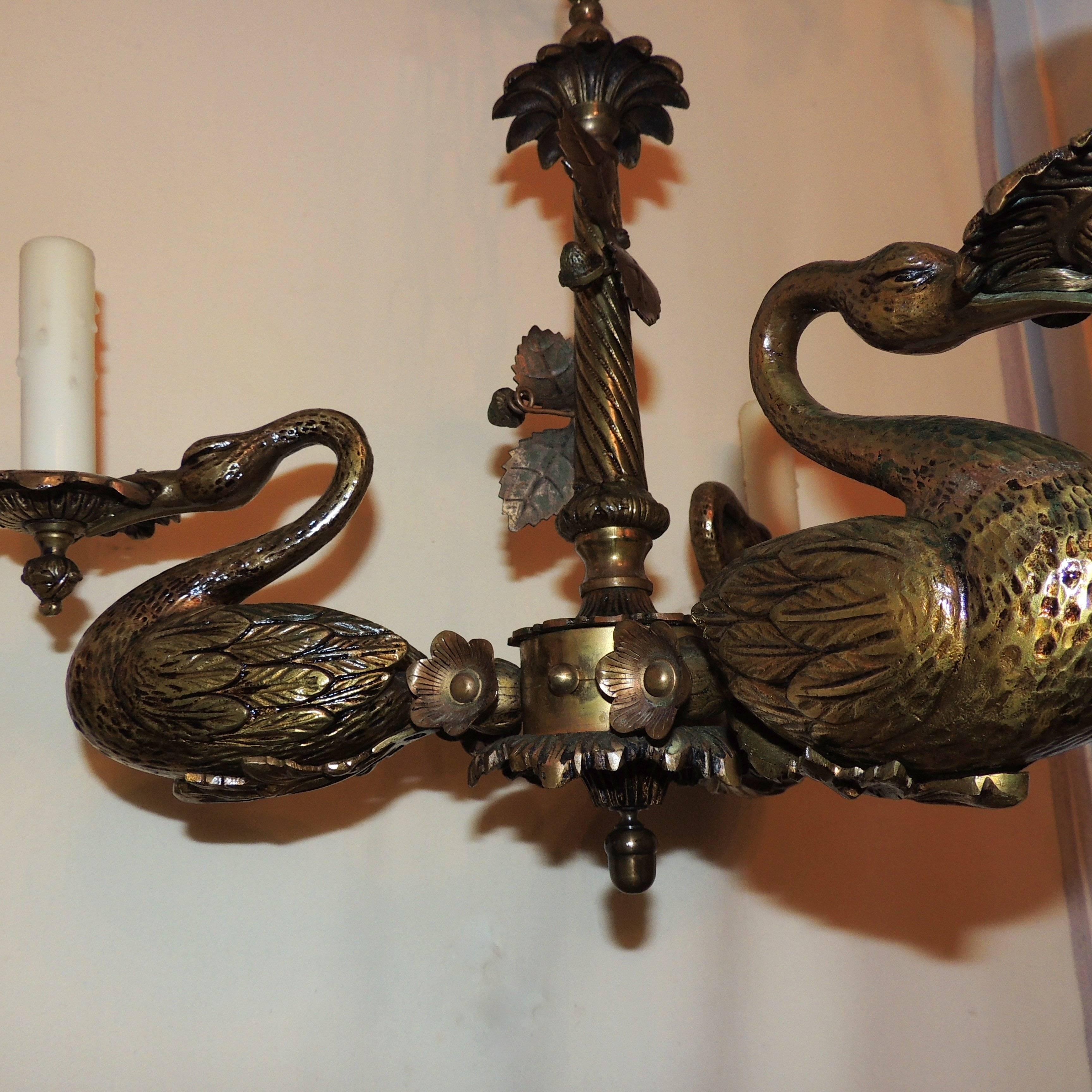 Wonderful French Empire Neoclassical Gilt Bronze Swan Regency Chandelier Fixture In Good Condition In Roslyn, NY