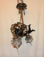 French Dore Bronze Patinated Cherub Three-Lite Bow Top Fixture Chandelier