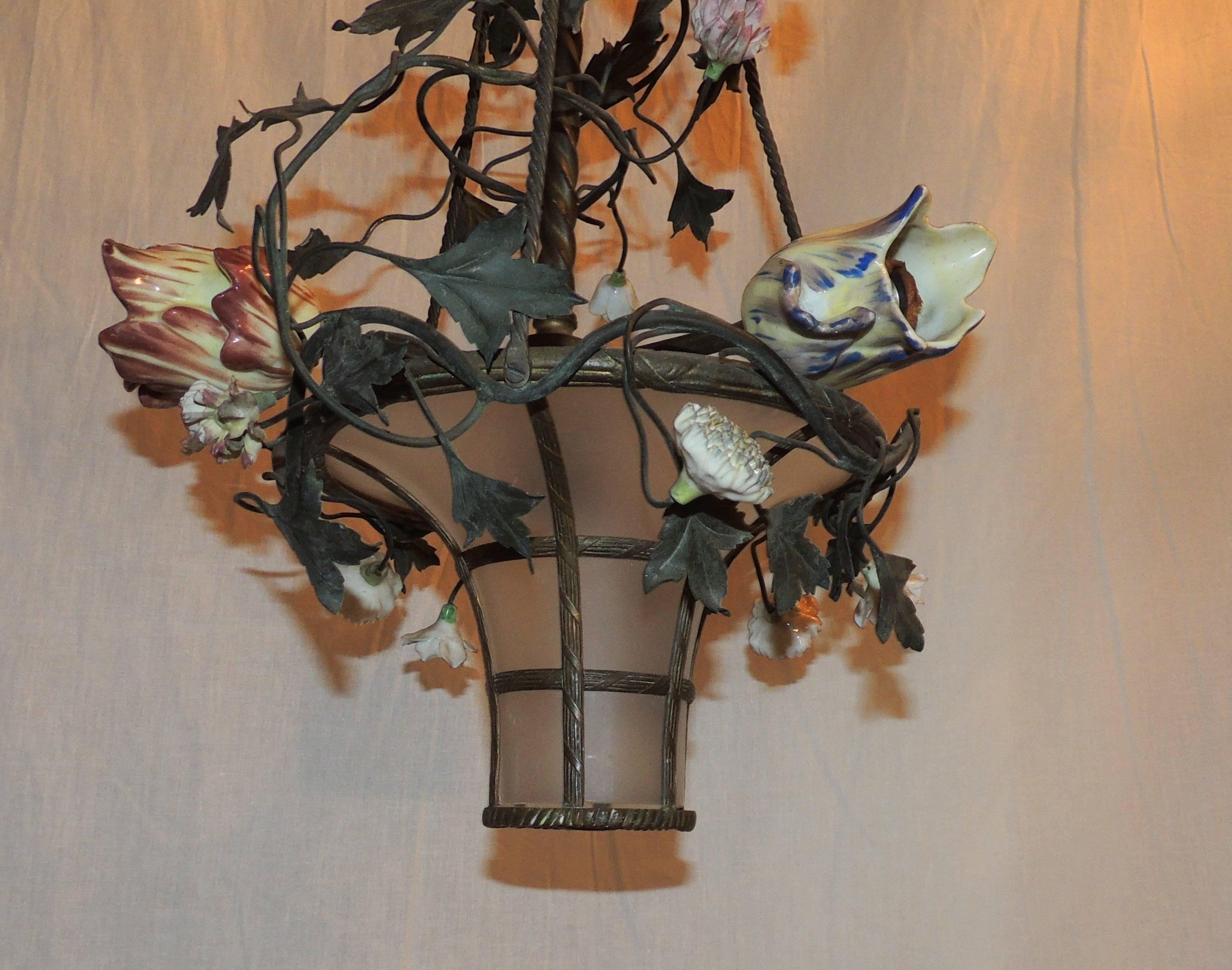 French Bronze Bow Top Frosted Basket Three-Light Porcelain Flowers Chandelier In Good Condition For Sale In Roslyn, NY
