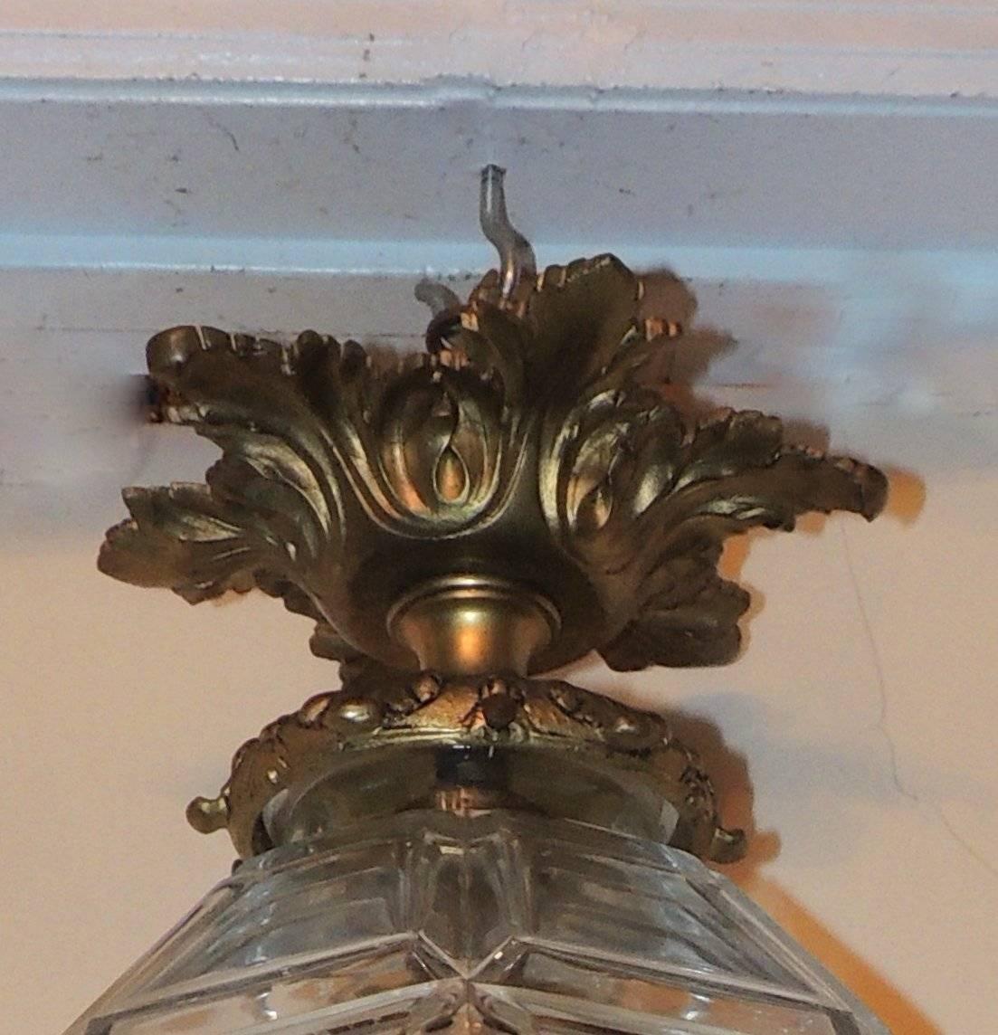 French Elegant Gilt Bronze Beveled Panel Glass Lantern Filigree Canopy Pendent Fixture