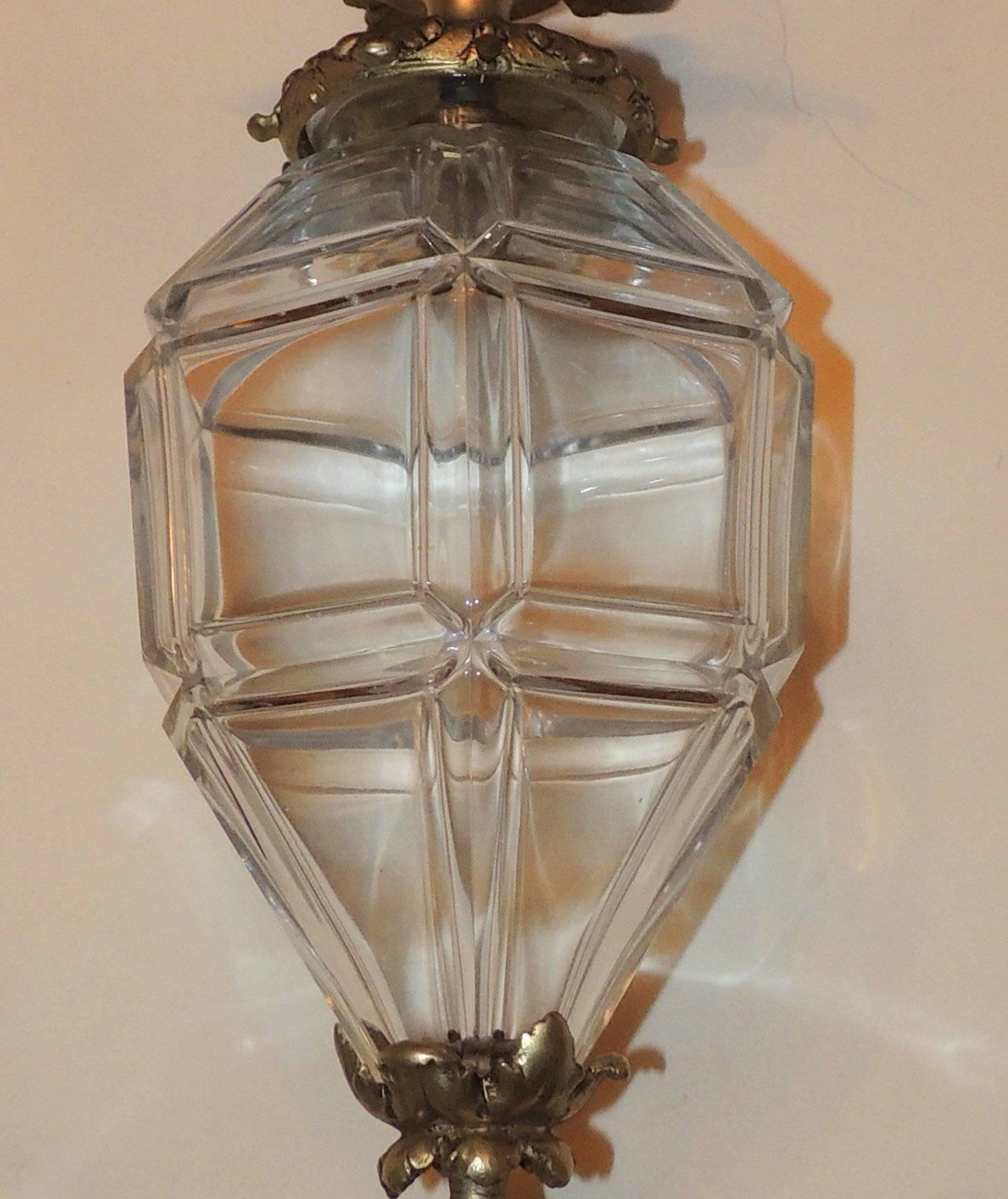 Mid-20th Century Elegant Gilt Bronze Beveled Panel Glass Lantern Filigree Canopy Pendent Fixture