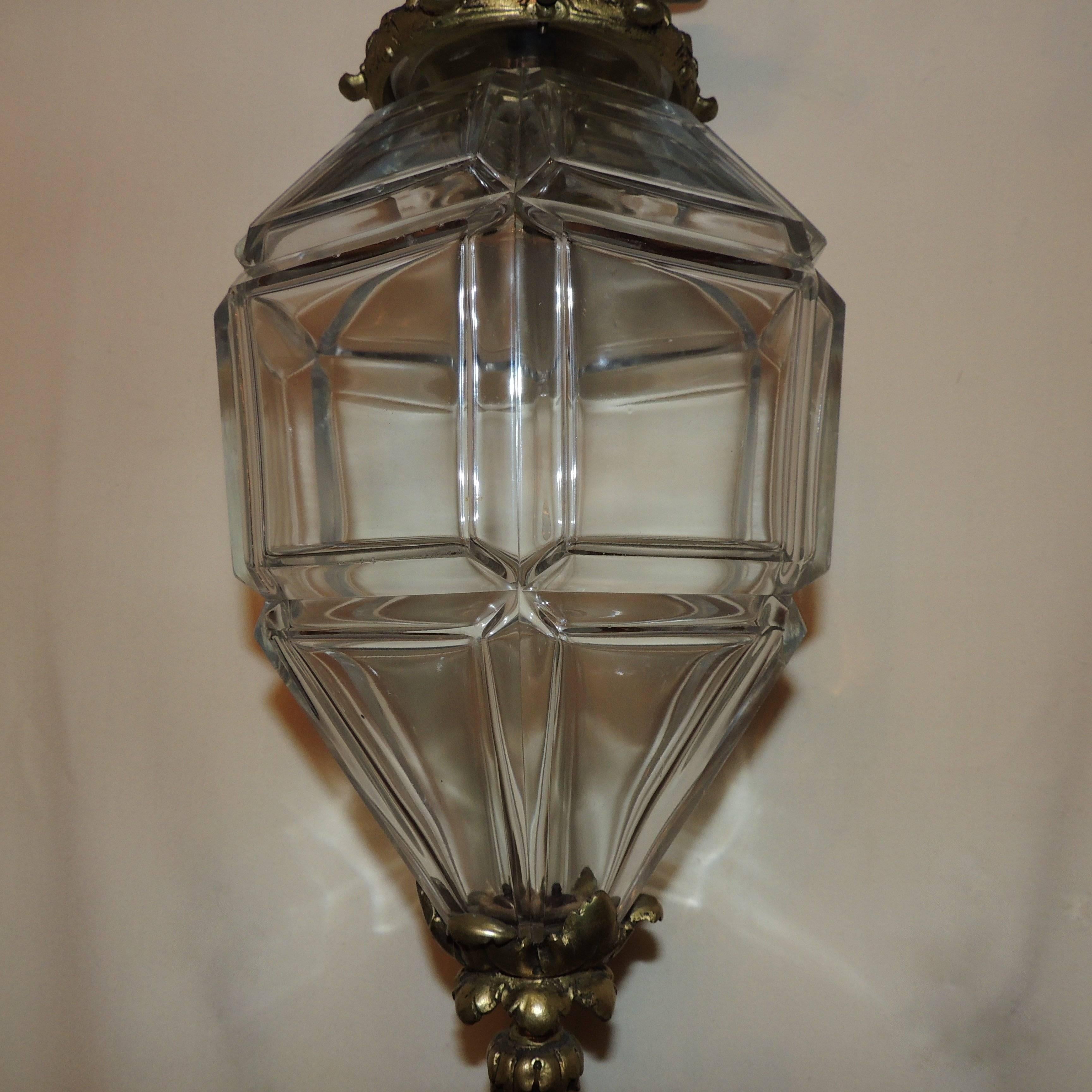 Elegant Gilt Bronze Beveled Panel Glass Lantern Filigree Canopy Pendent Fixture 1