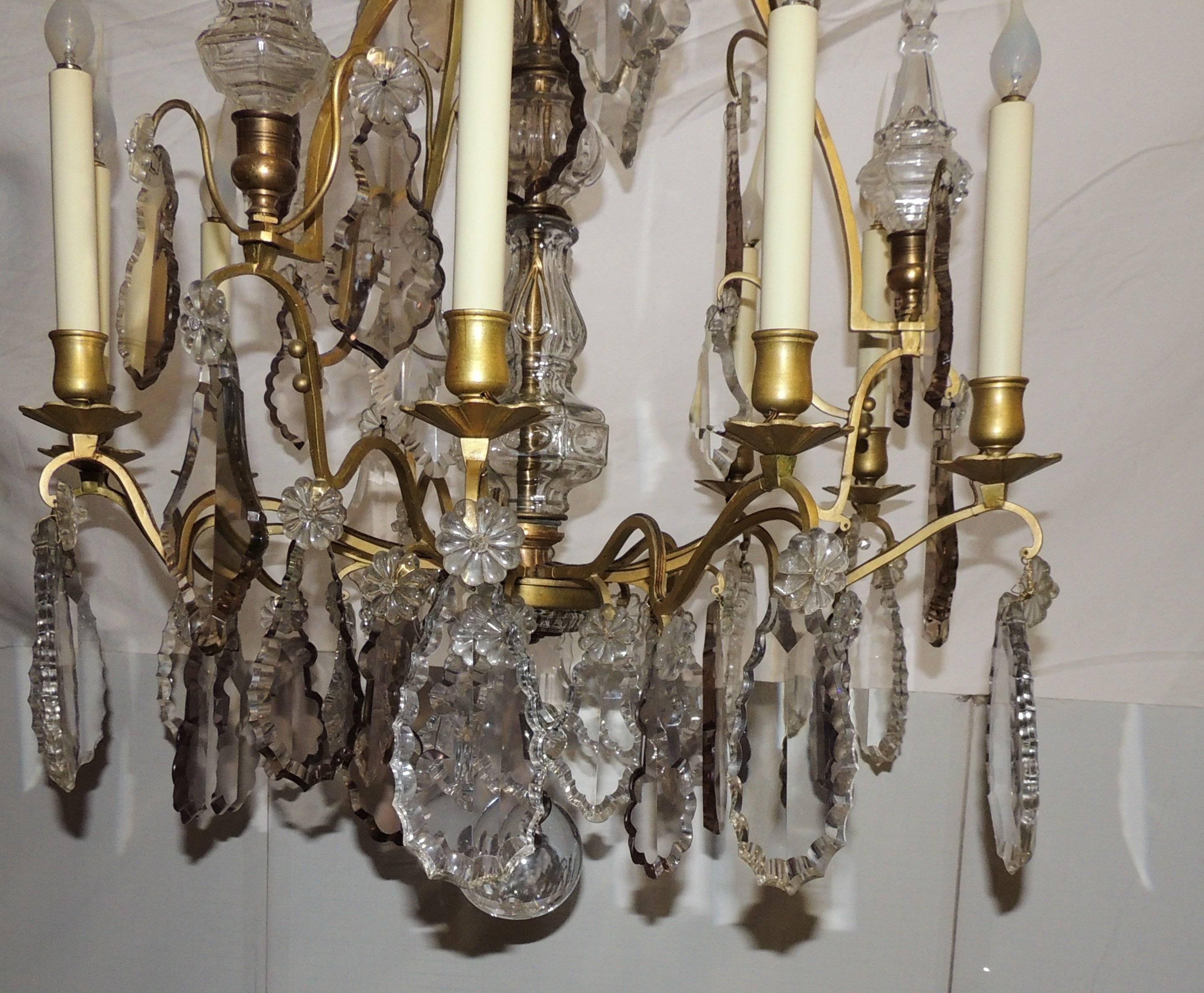 Wonderful French Gilt Bronze Crystal Obelisks Nine-Light Chandelier In Good Condition For Sale In Roslyn, NY