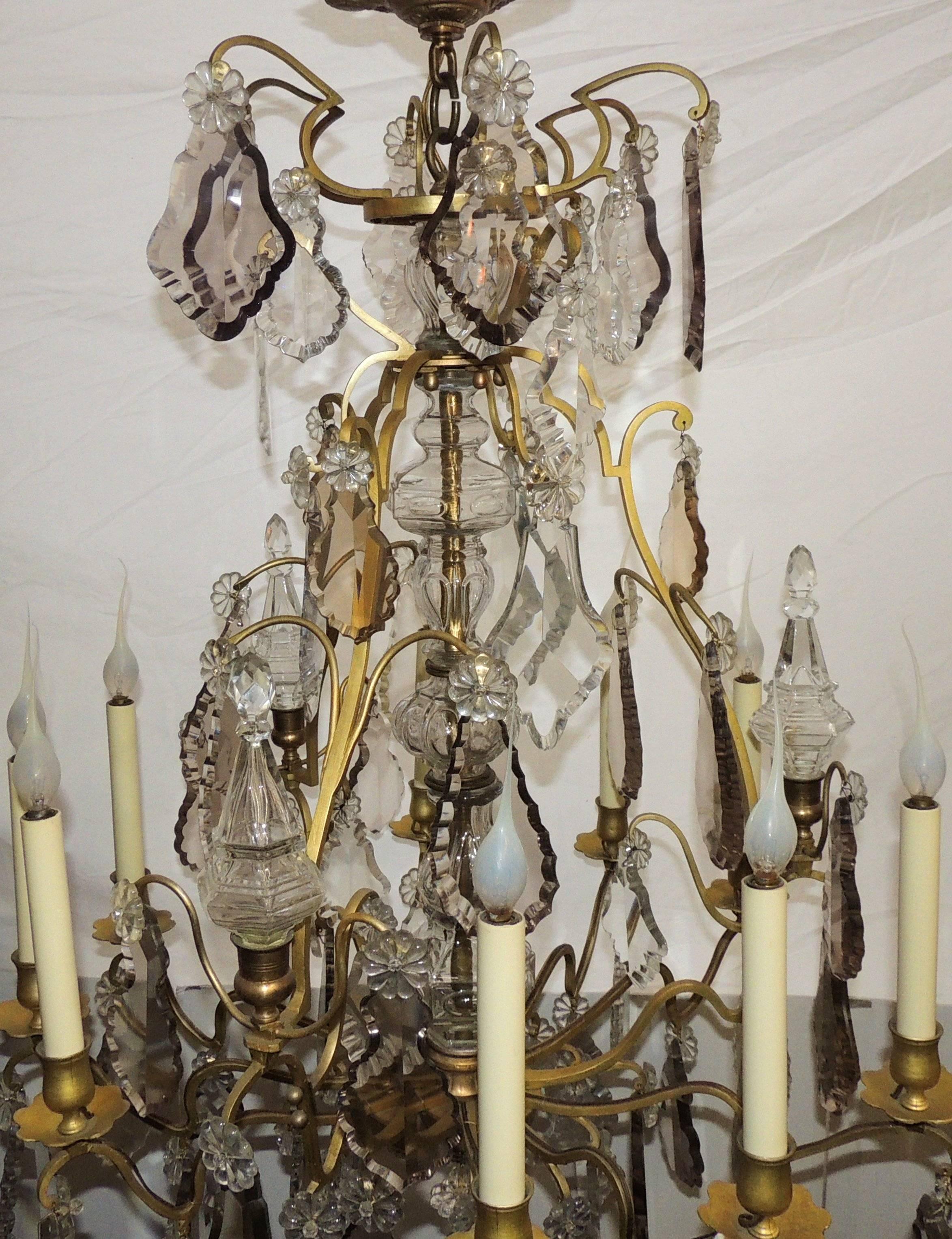 Beveled Wonderful French Gilt Bronze Crystal Obelisks Nine-Light Chandelier For Sale