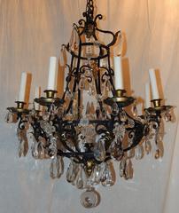 Wonderful French Bagues Iron Gold Gilt Crystal Obelisk Chandelier Scroll Fixture