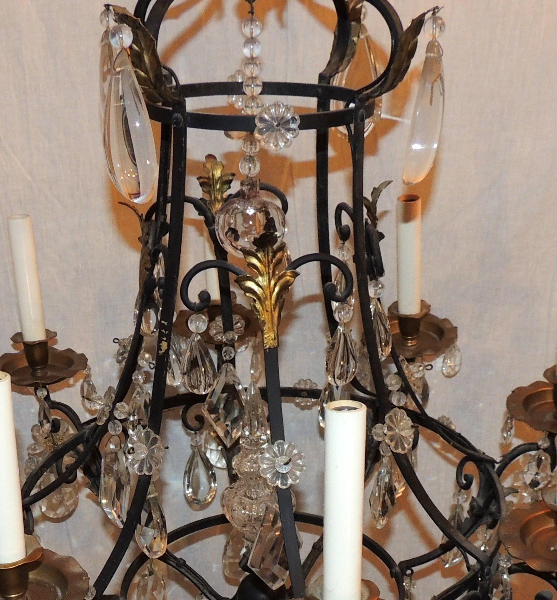 Wonderful French Bagues Iron Gold Gilt Crystal Obelisk Chandelier Scroll Fixture In Good Condition For Sale In Roslyn, NY