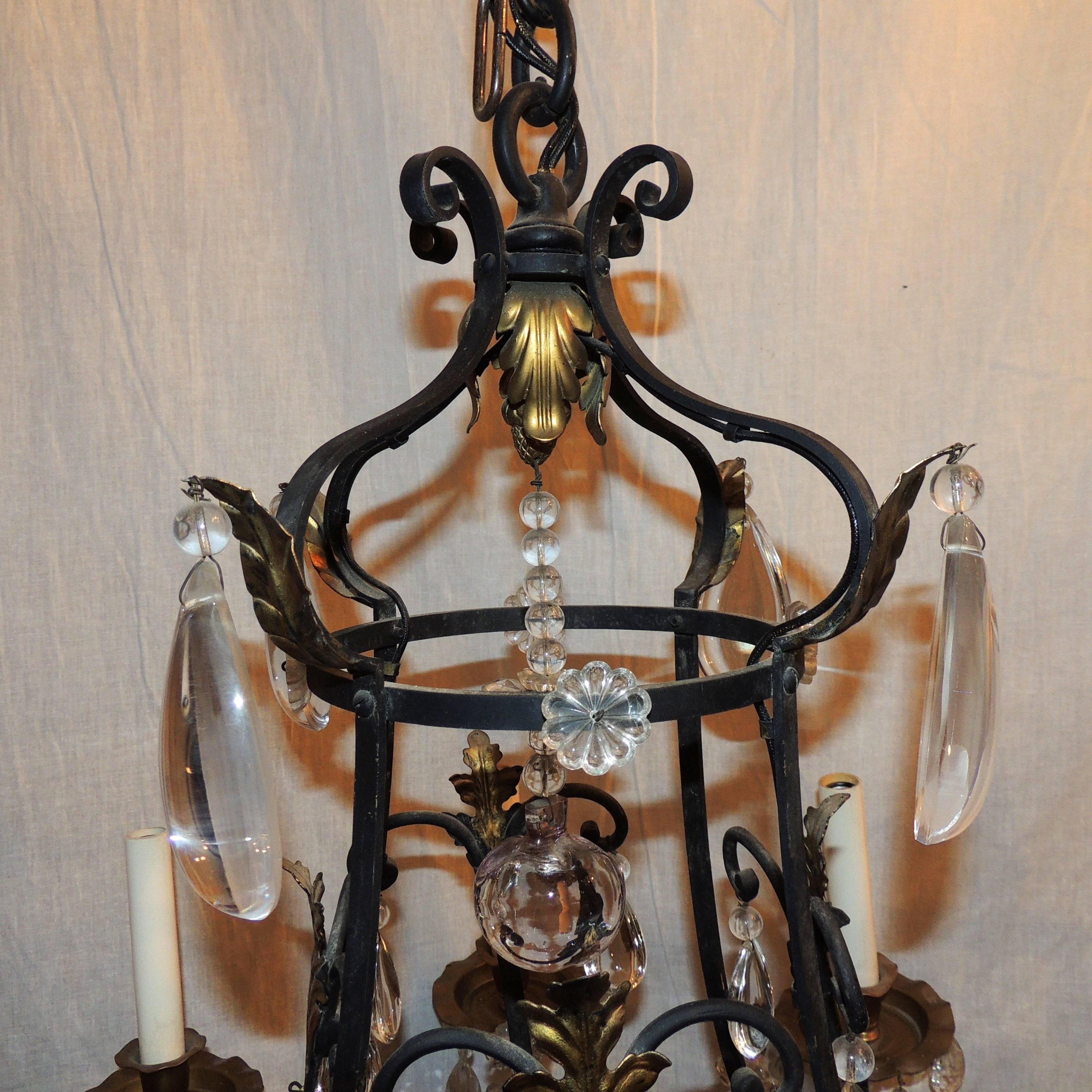 Rococo Wonderful French Bagues Iron Gold Gilt Crystal Obelisk Chandelier Scroll Fixture For Sale