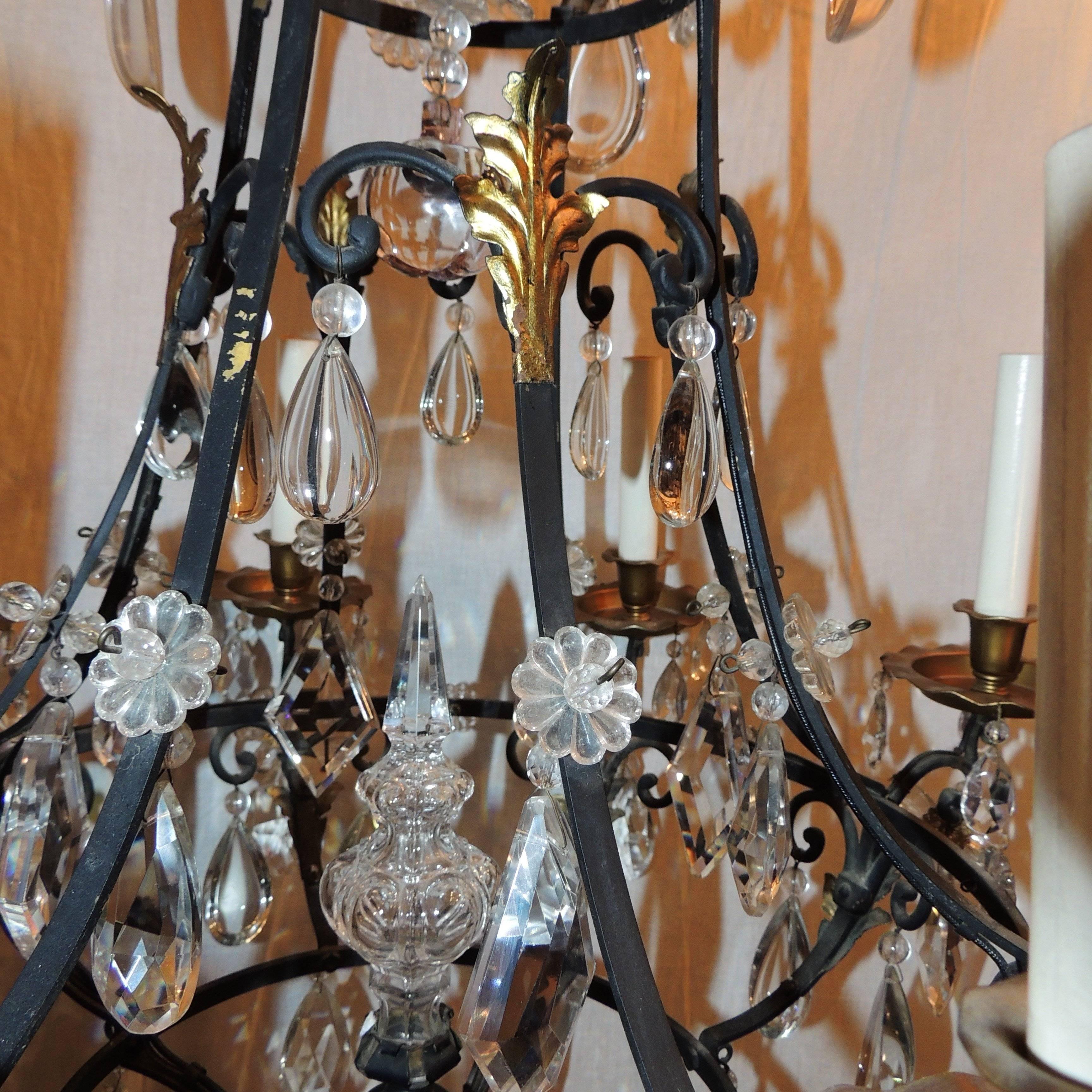 Mid-20th Century Wonderful French Bagues Iron Gold Gilt Crystal Obelisk Chandelier Scroll Fixture For Sale