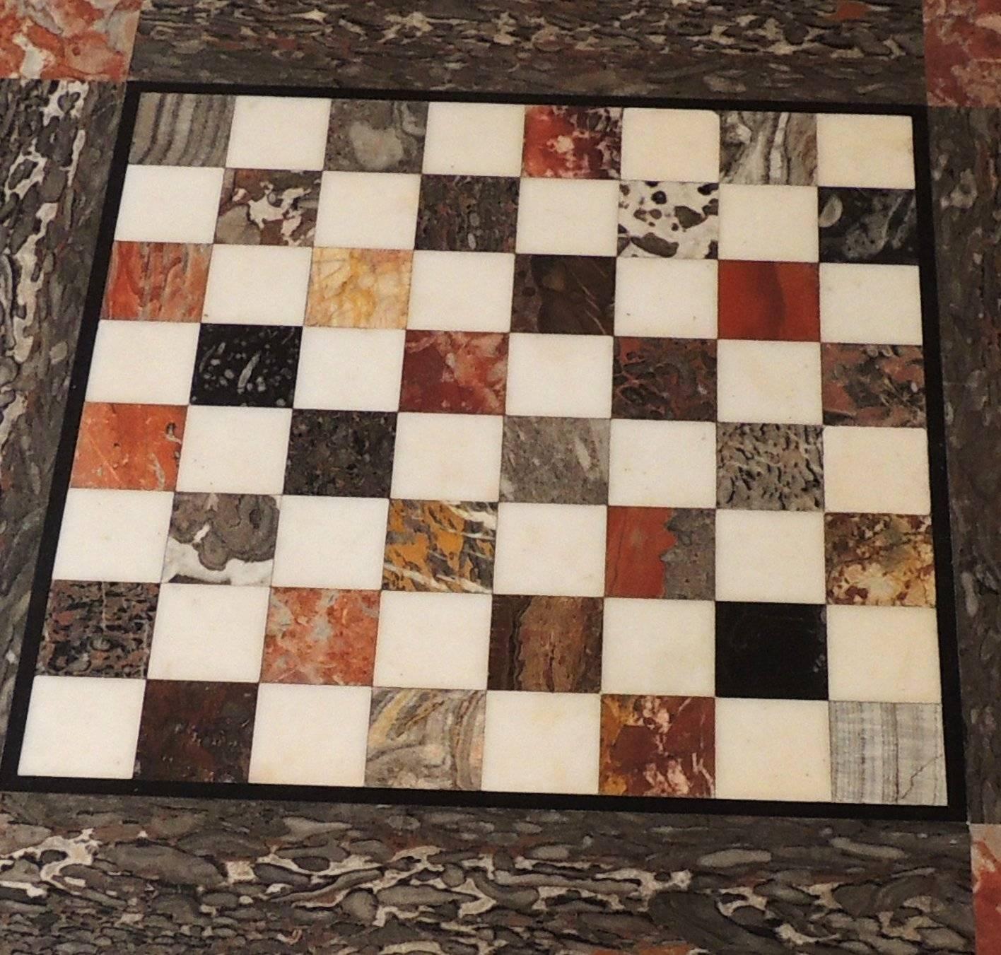 Wonderful Marble Inset Mosaic Top Chess Game Table Brushed Silvered Square Base In Good Condition In Roslyn, NY