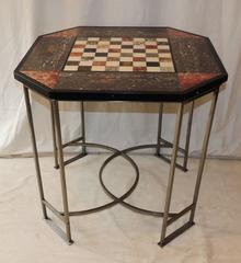 Wonderful Marble Inset Mosaic Top Chess Game Table Brushed Silvered Square Base