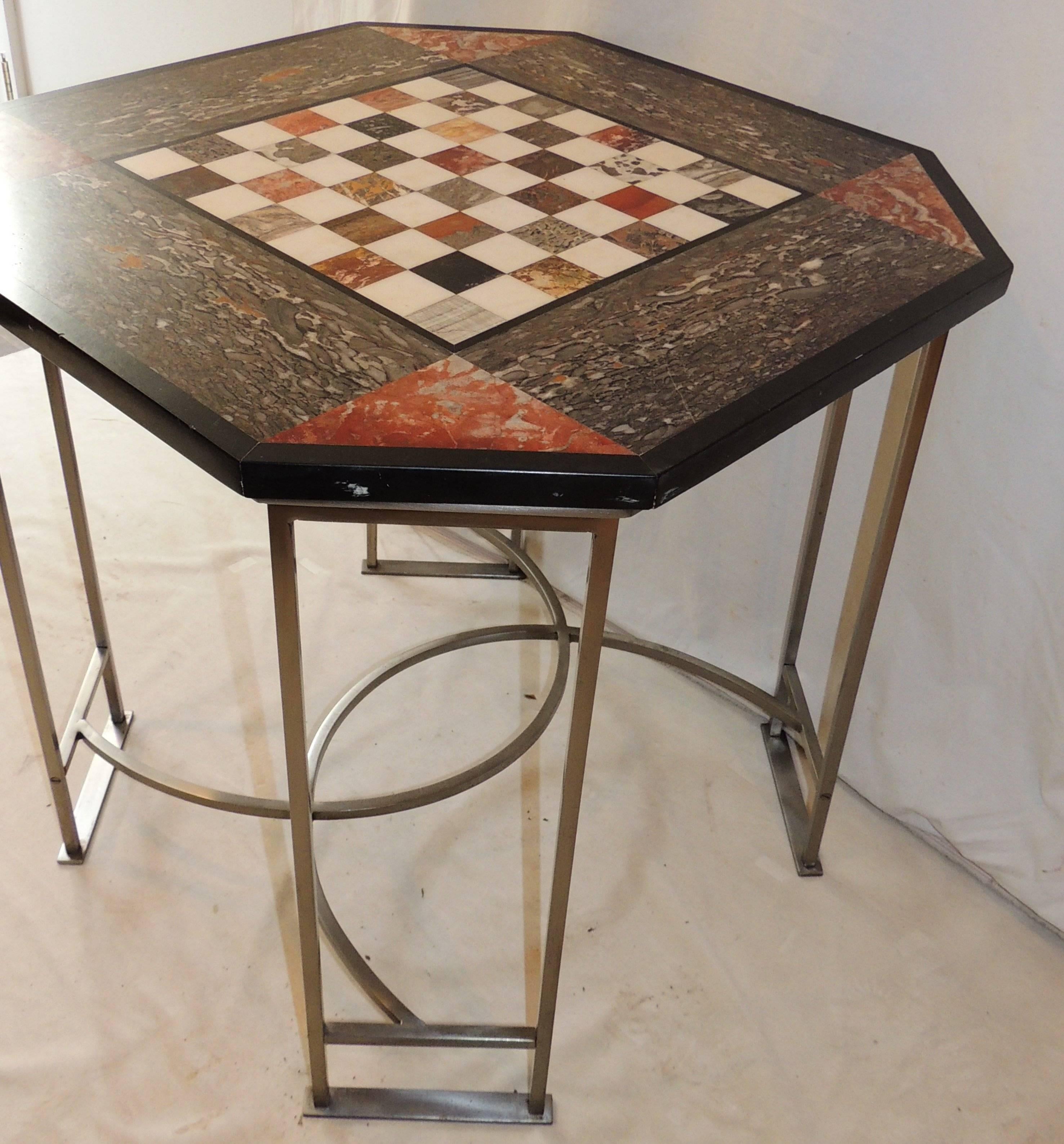 Mid-20th Century Wonderful Marble Inset Mosaic Top Chess Game Table Brushed Silvered Square Base