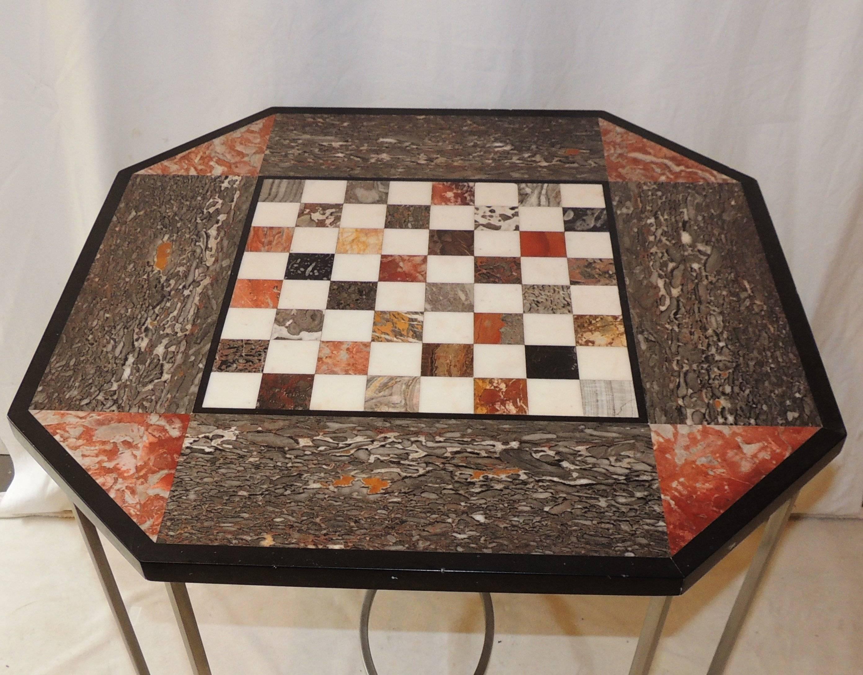Italian Wonderful Marble Inset Mosaic Top Chess Game Table Brushed Silvered Square Base