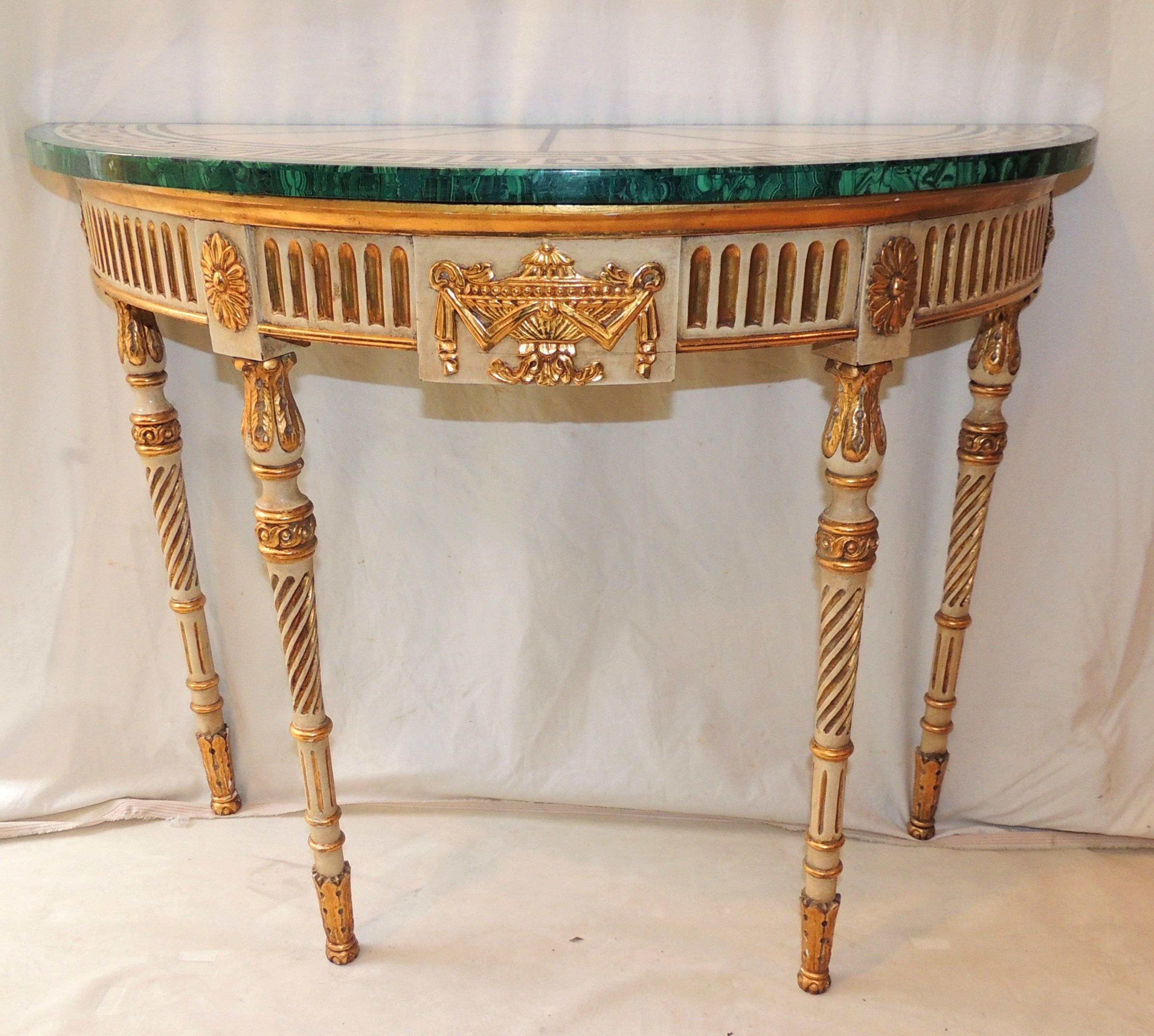 Wonderful French Carved Wood Malachite Marble Greek Key Demilune Console Table In Good Condition In Roslyn, NY