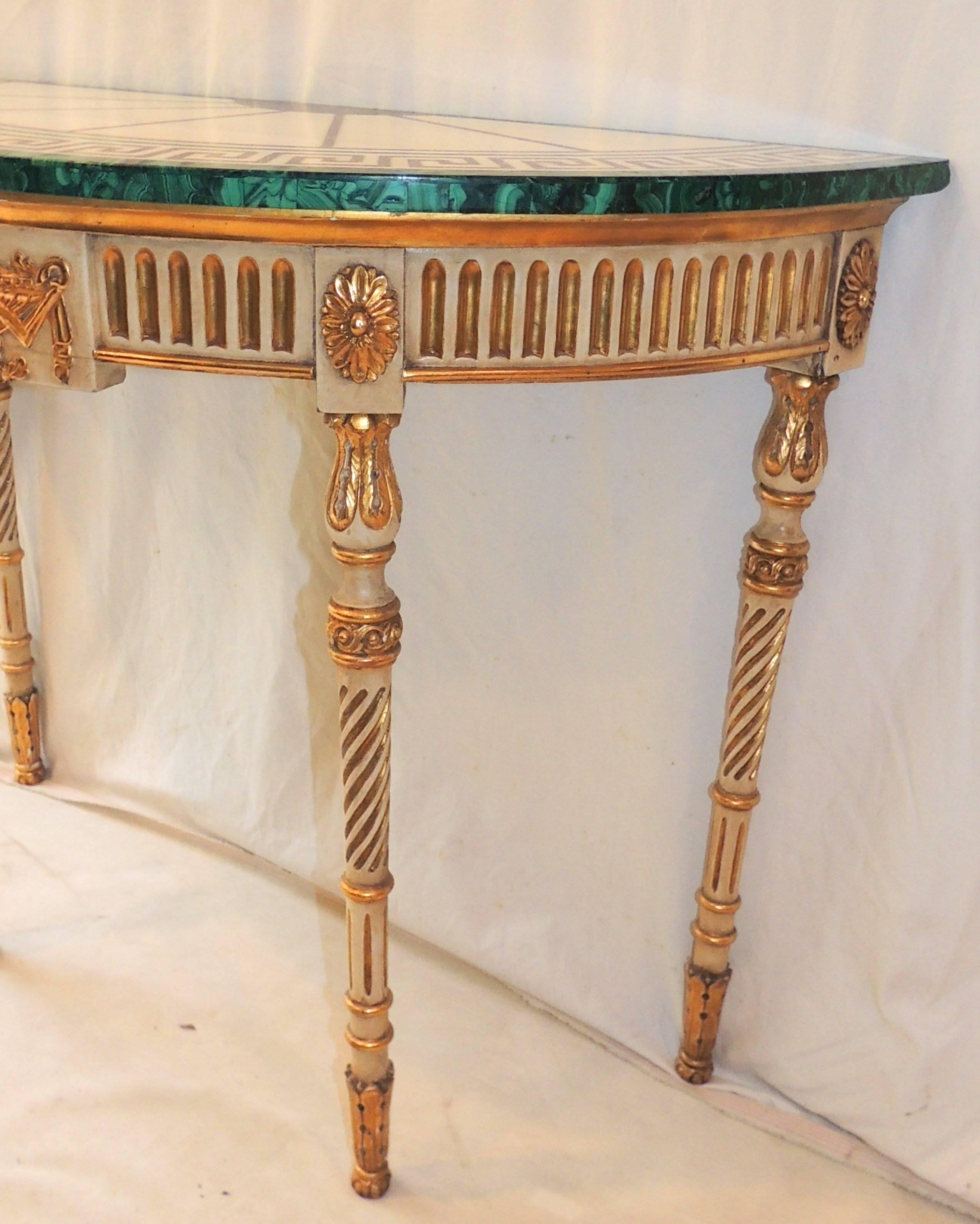 Wonderful French Carved Wood Malachite Marble Greek Key Demilune Console Table 1