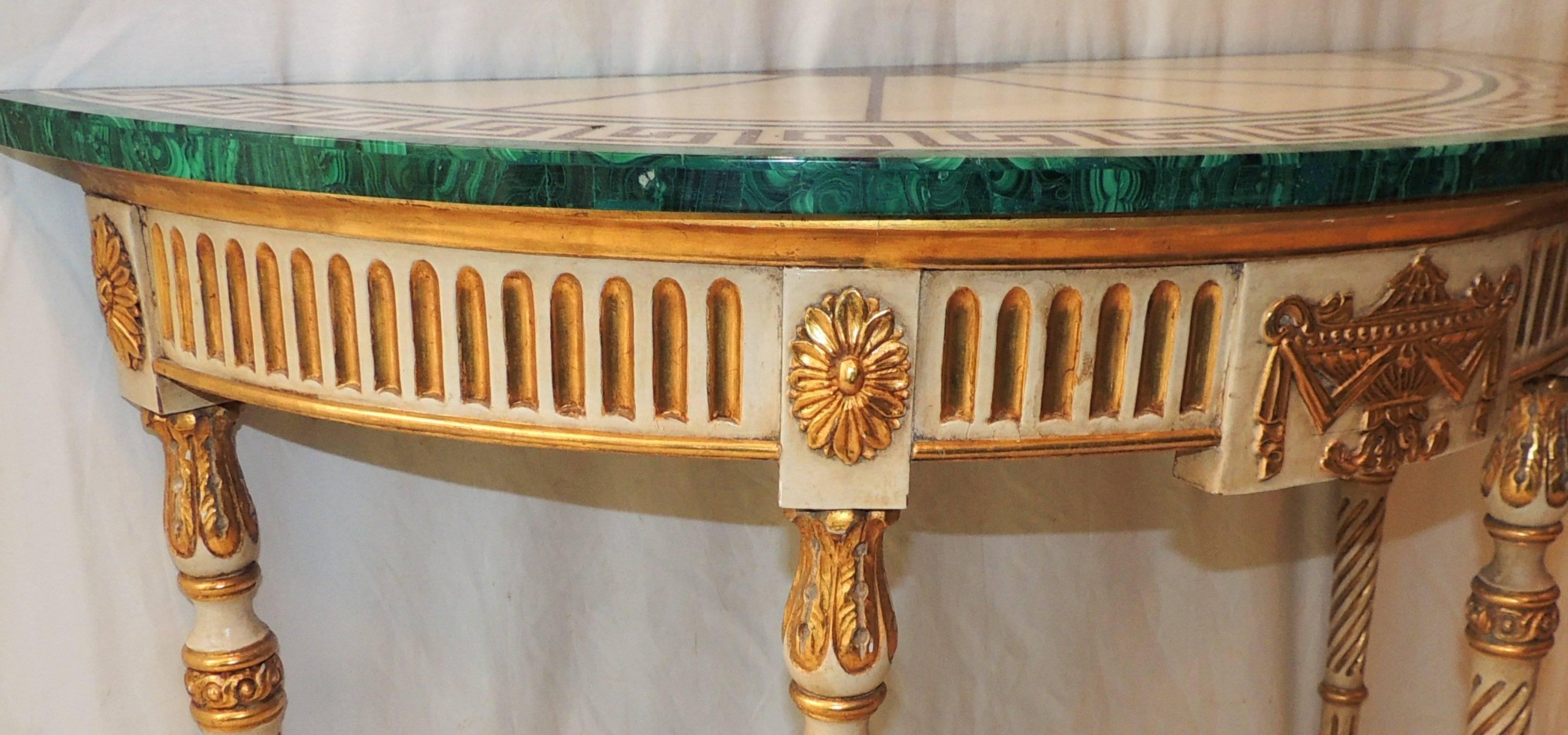 Early 20th Century Wonderful French Carved Wood Malachite Marble Greek Key Demilune Console Table