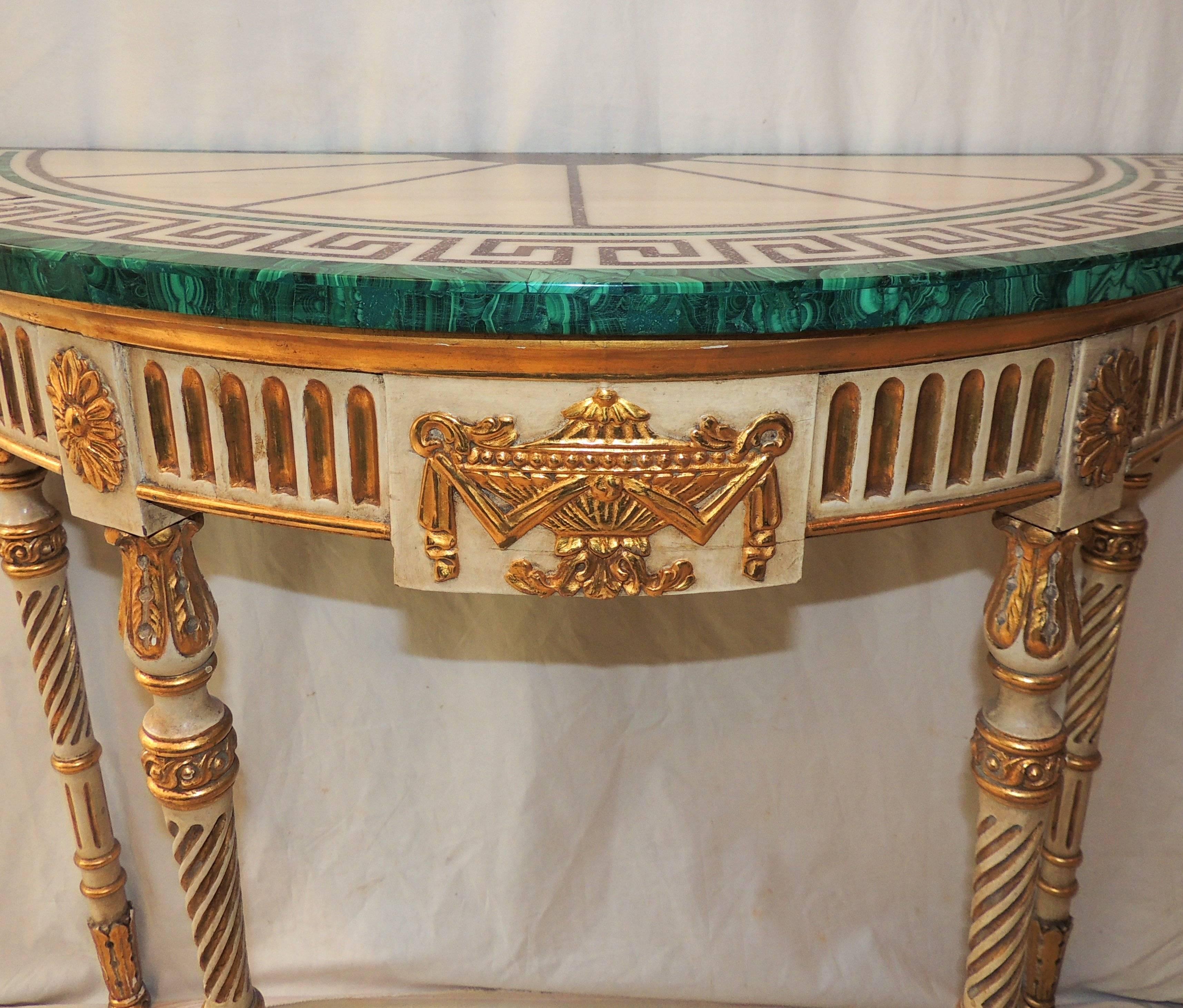 Wonderful French Carved Wood Malachite Marble Greek Key Demilune Console Table 2