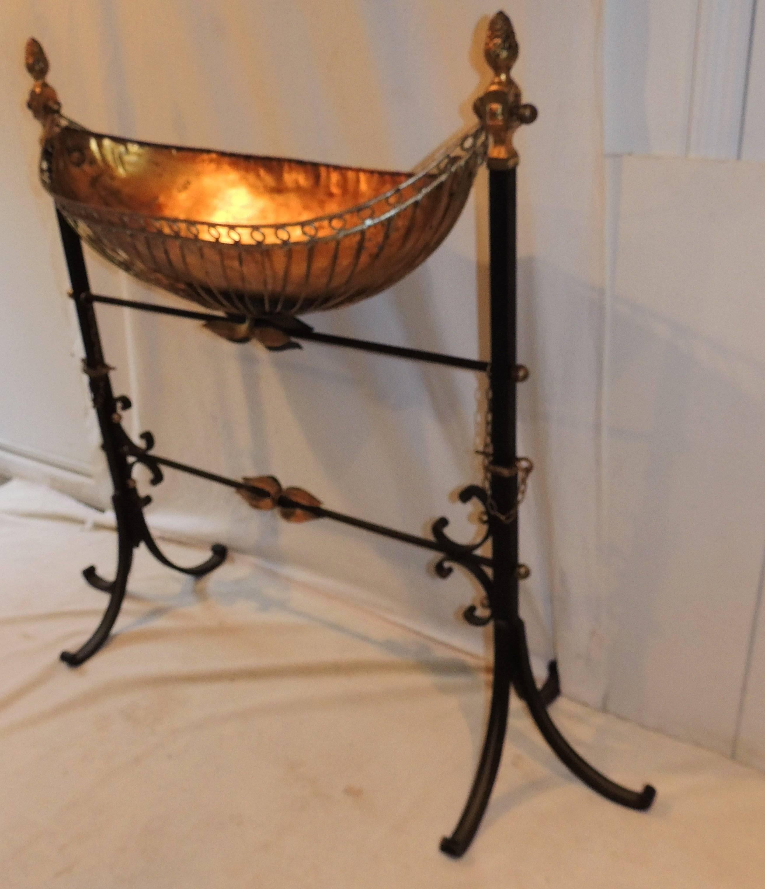 Mid-20th Century Wonderful French Wrought Iron Copper Gilt Tole Bird Bath Planter Swing Stand