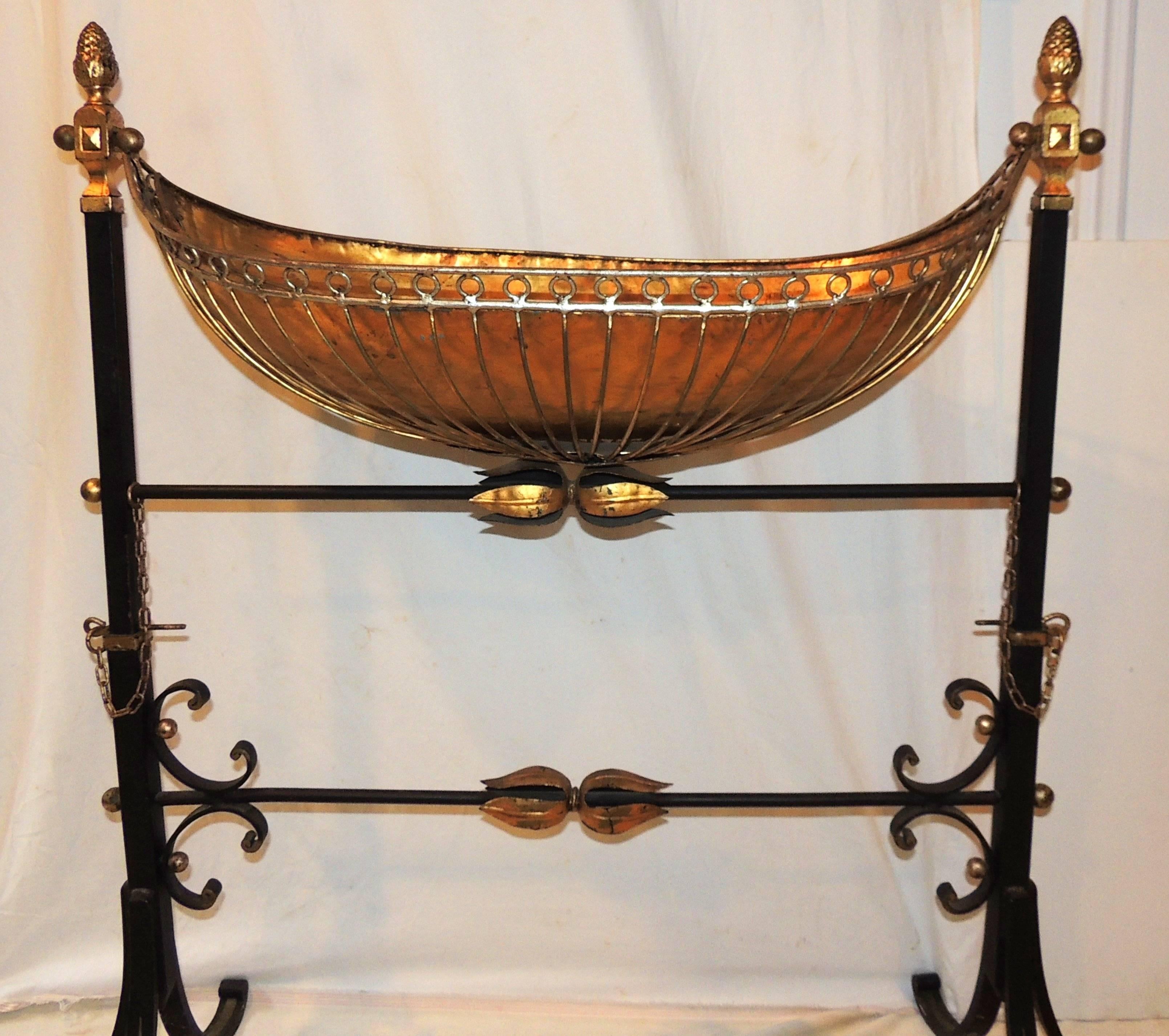 Wonderful French Wrought Iron Copper Gilt Tole Bird Bath Planter Swing Stand 1