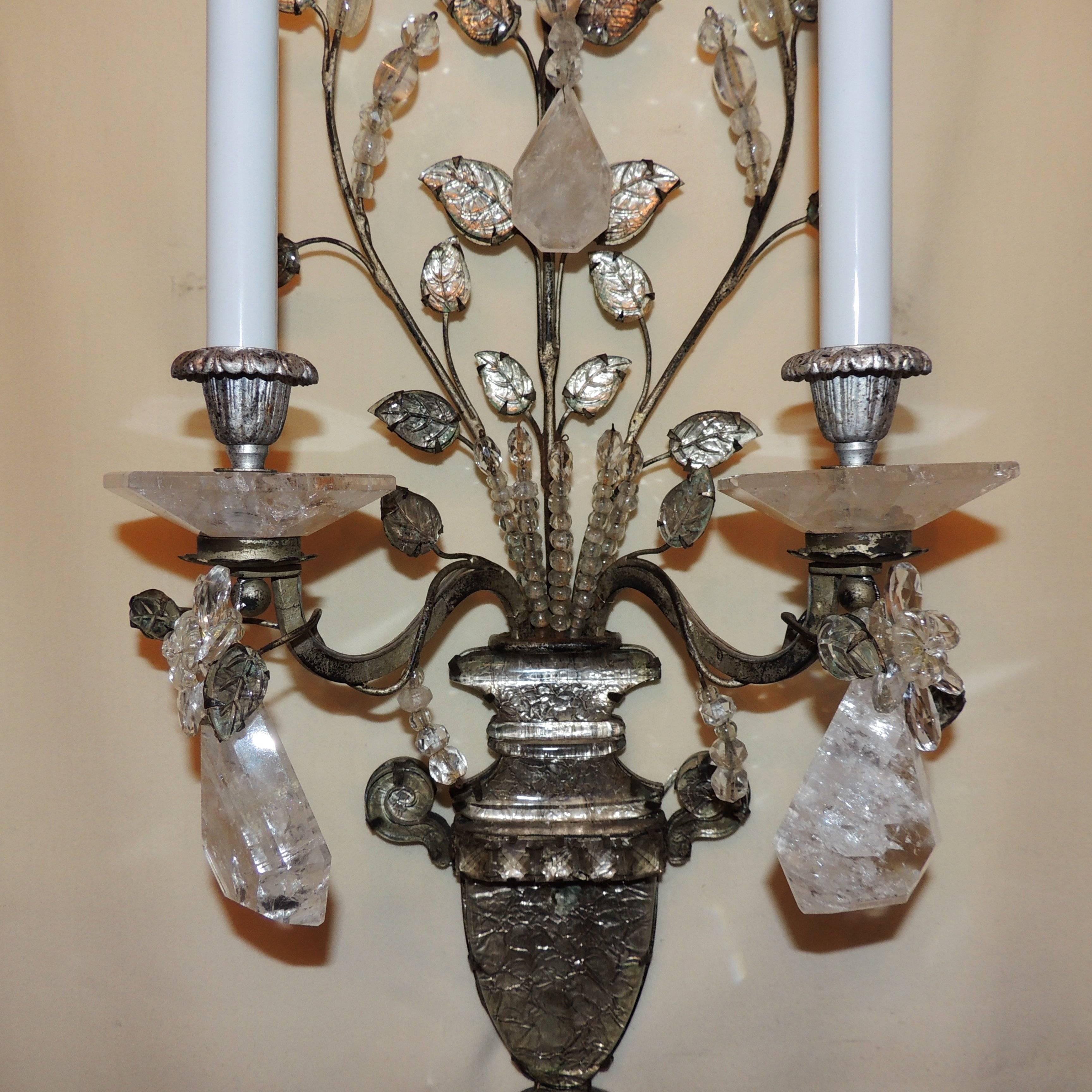 Beaded Wonderful Pair French Rock Crystal Silvered Bronze Two-Arm Jansen Sconces