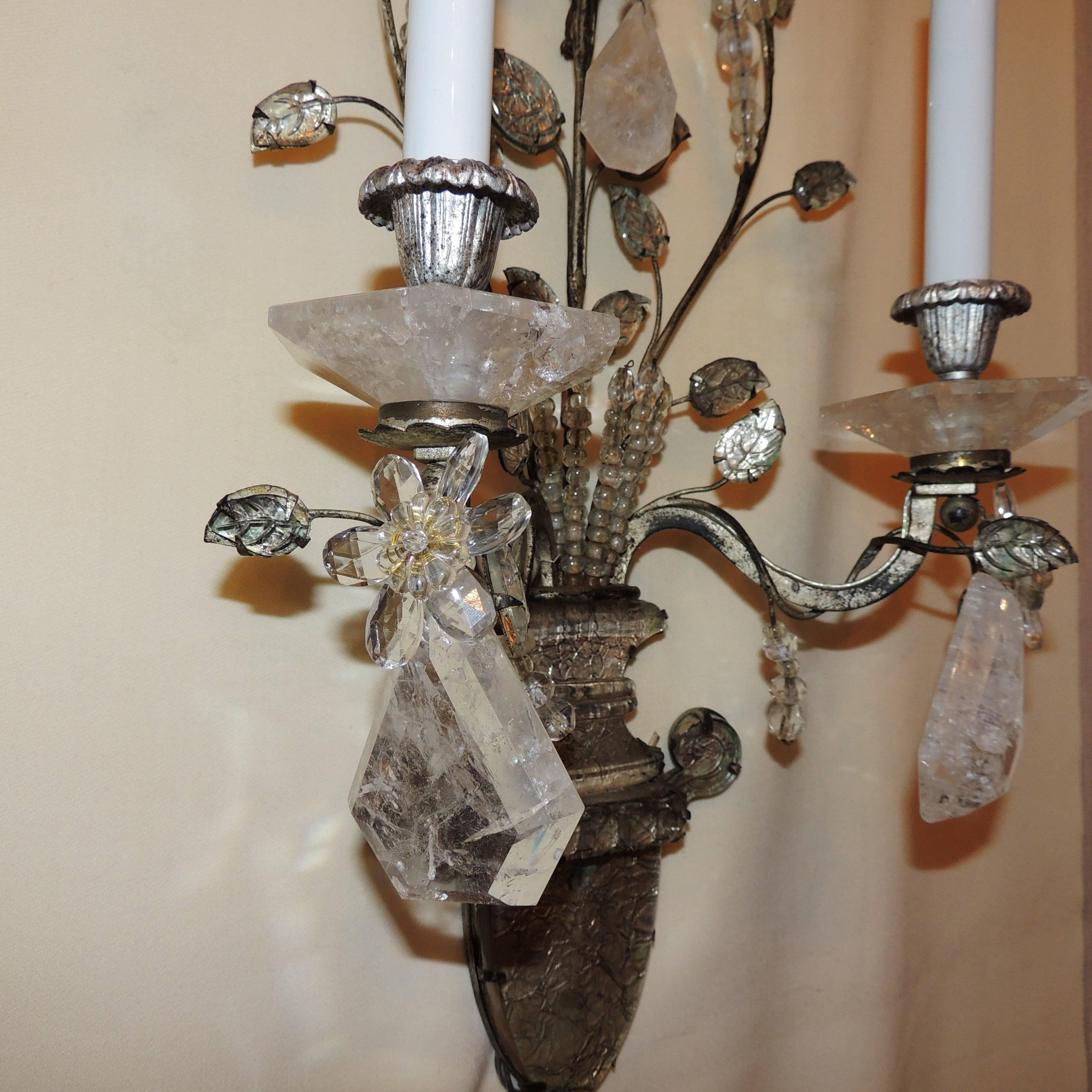 Wonderful Pair French Rock Crystal Silvered Bronze Two-Arm Jansen Sconces In Good Condition In Roslyn, NY