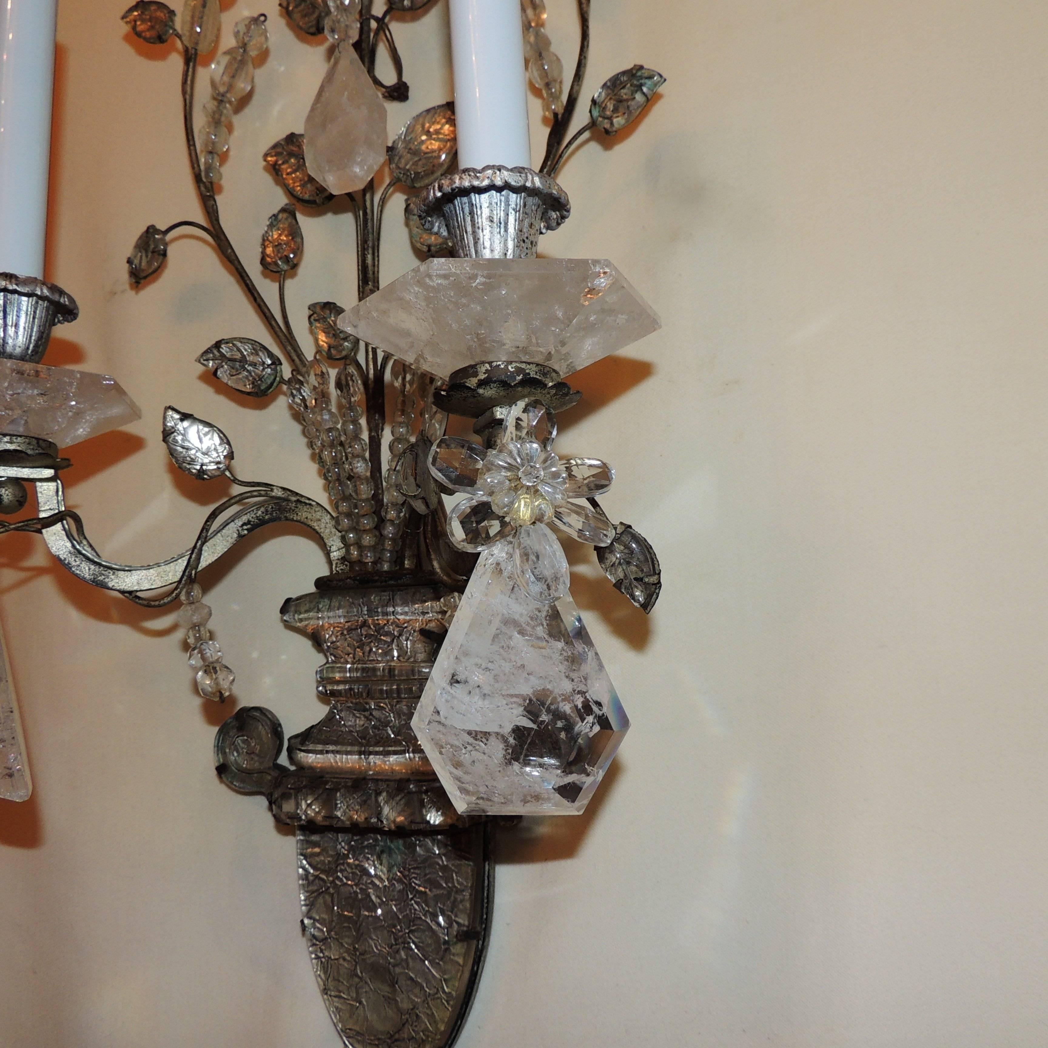 Early 20th Century Wonderful Pair French Rock Crystal Silvered Bronze Two-Arm Jansen Sconces