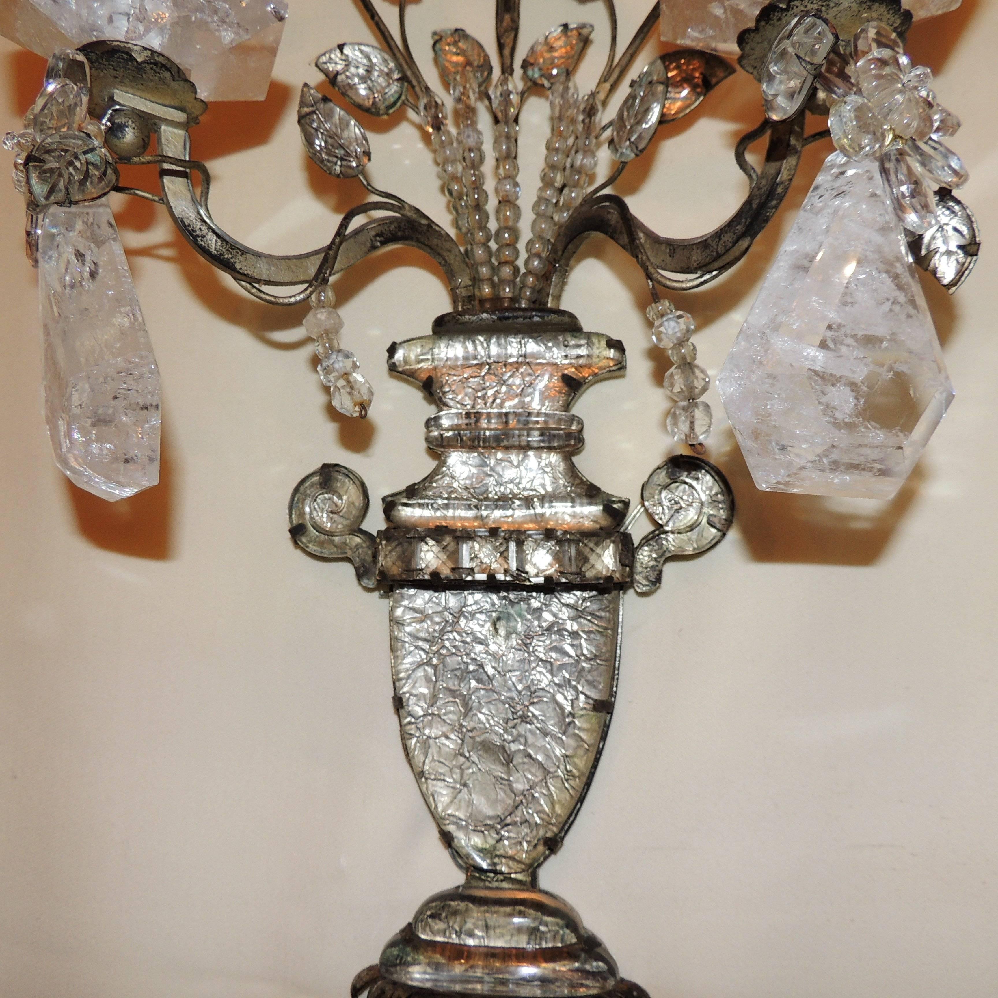 Wonderful Pair French Rock Crystal Silvered Bronze Two-Arm Jansen Sconces 1