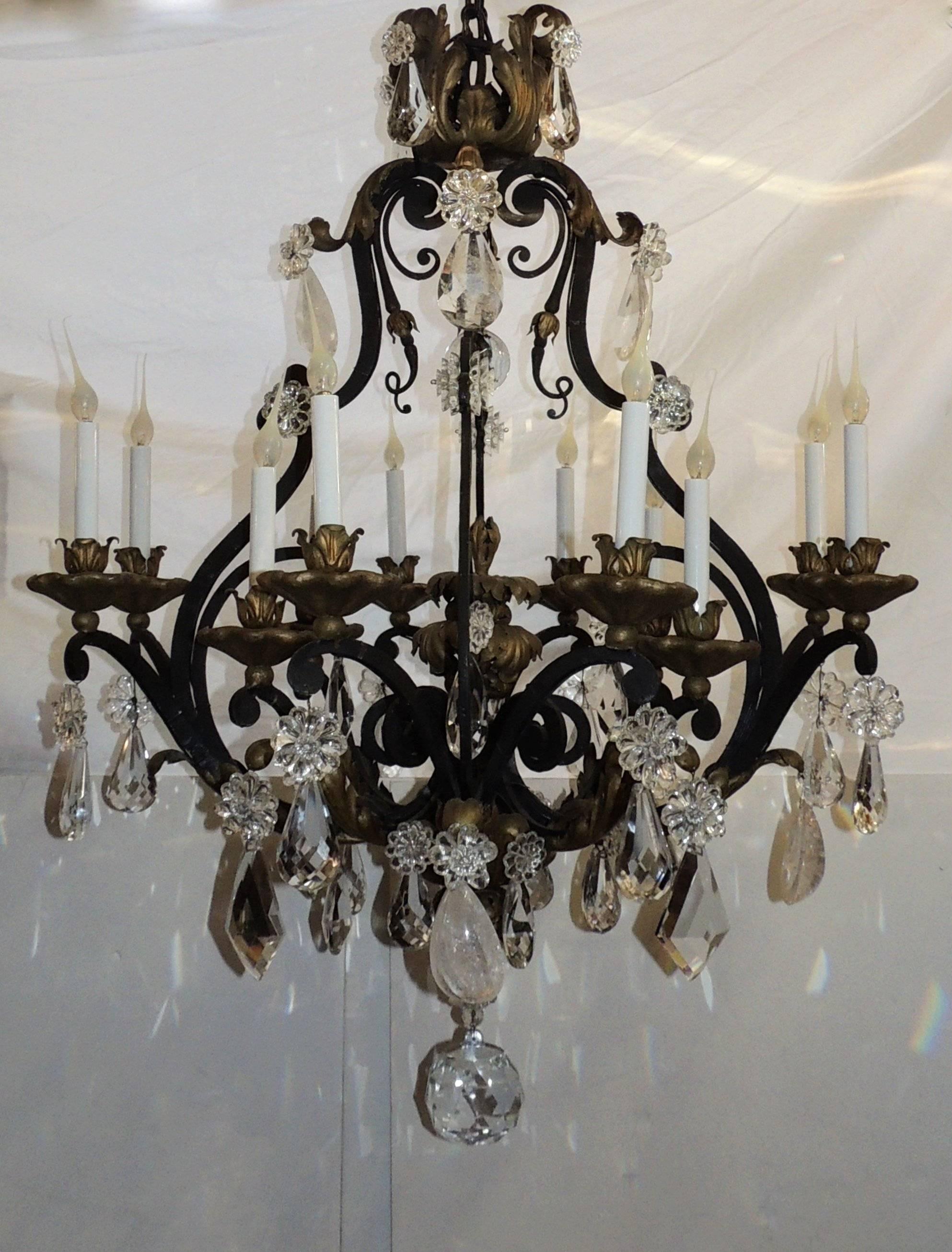 Faceted Large French Wrought Iron Gilt Bagues Rock Crystal Twelve-Light Chandelier