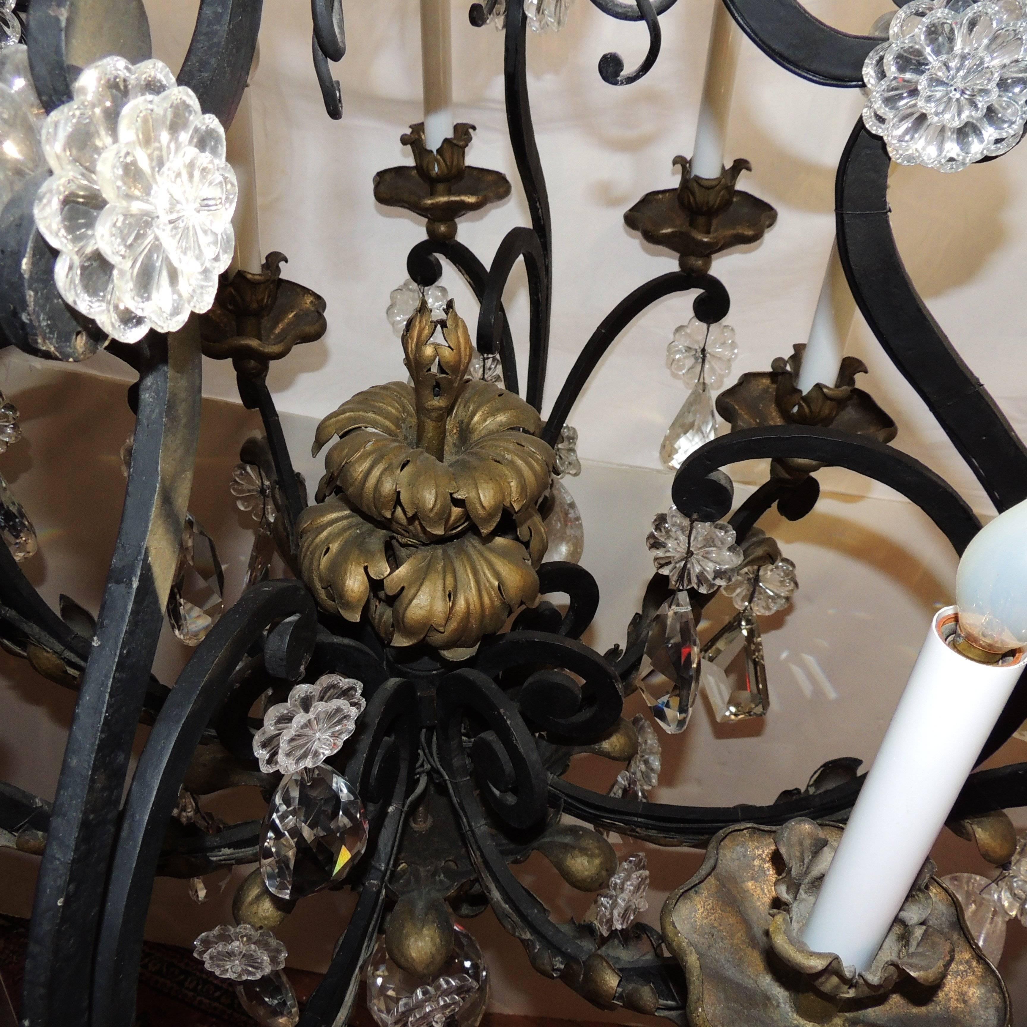 Large French Wrought Iron Gilt Bagues Rock Crystal Twelve-Light Chandelier In Good Condition In Roslyn, NY