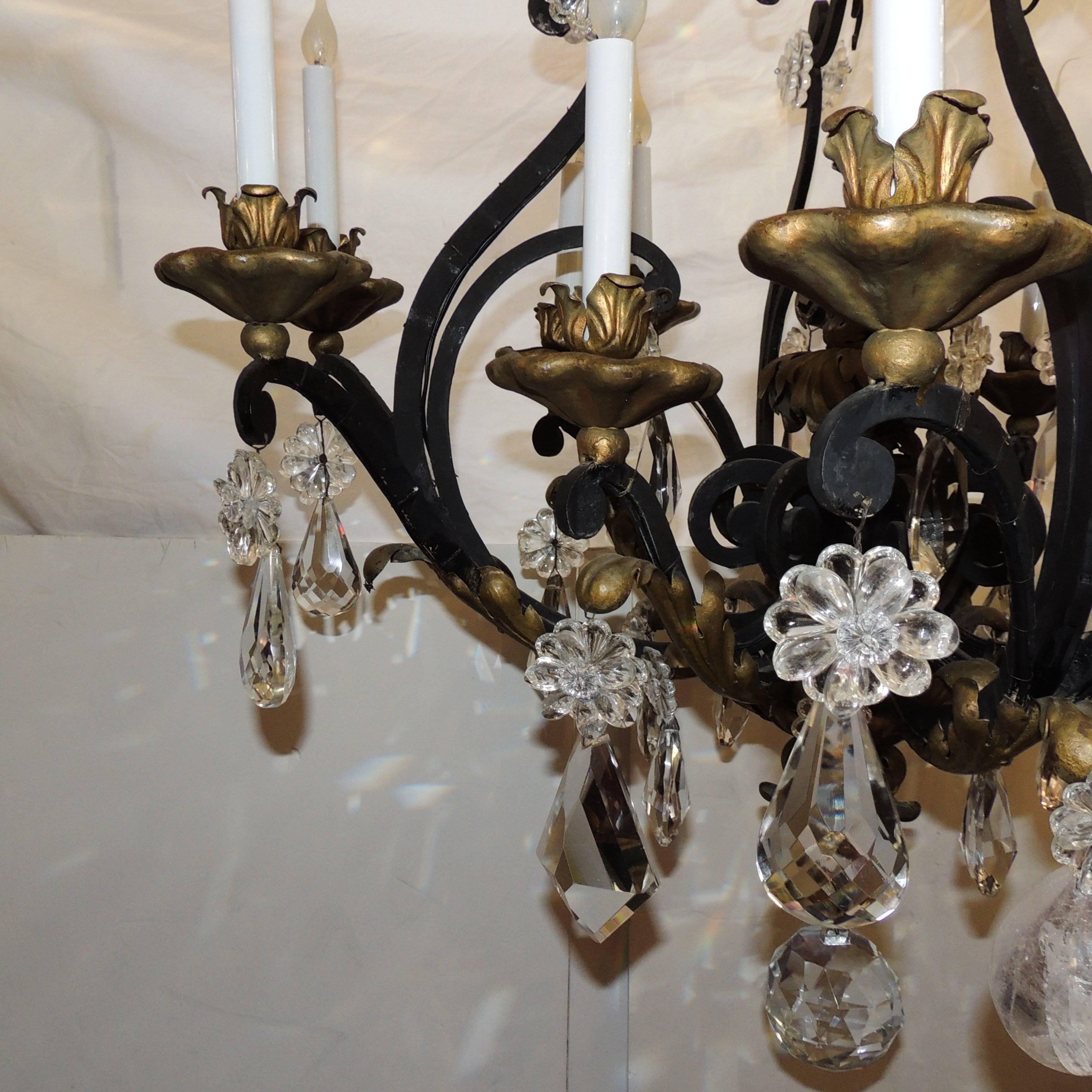 Mid-20th Century Large French Wrought Iron Gilt Bagues Rock Crystal Twelve-Light Chandelier
