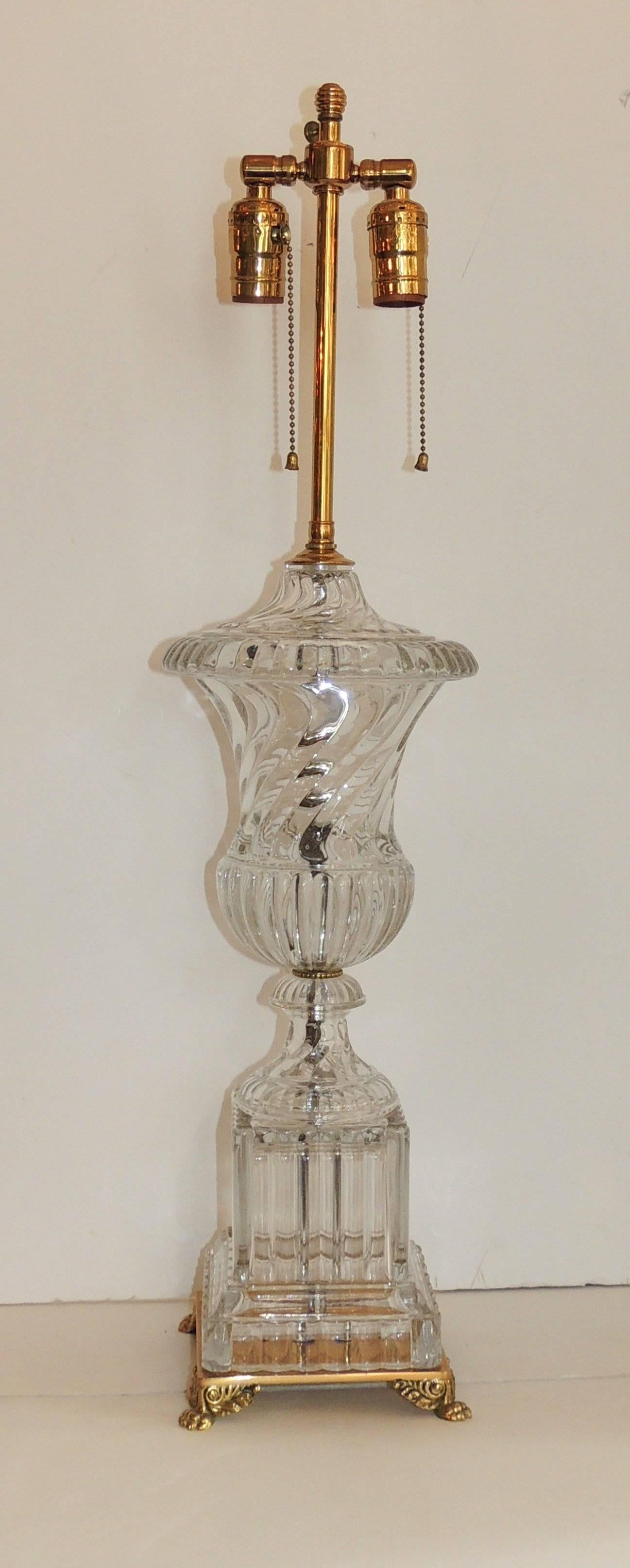 Wonderful pair of baccarat manner crystal swirl doré bronze urn neoclassical Regency lamps
Measures: 29" H x 6" W.