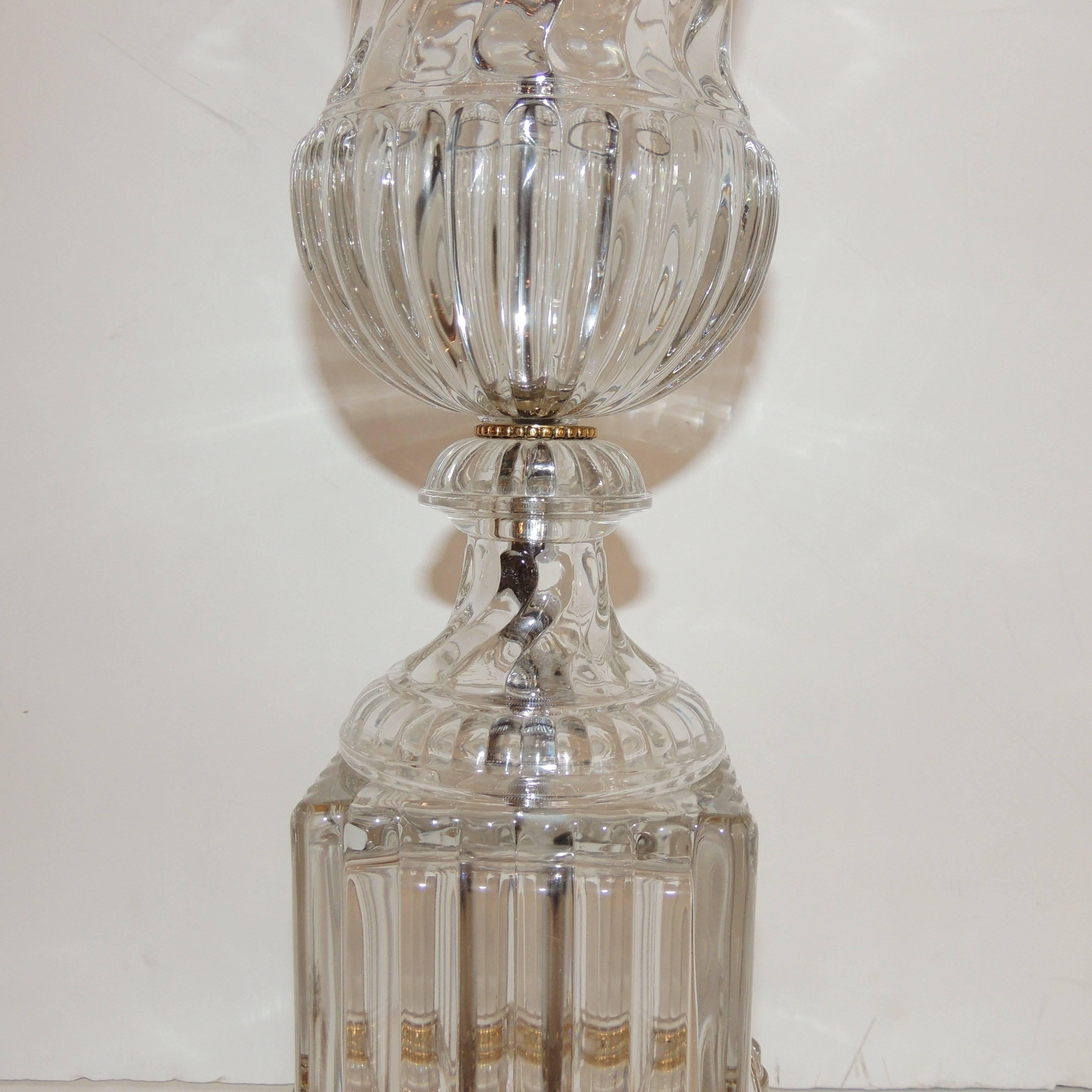 Mid-20th Century Wonderful Pair Baccarat Crystal Swirl Dore Bronze Urn Neoclassical Regency Lamps