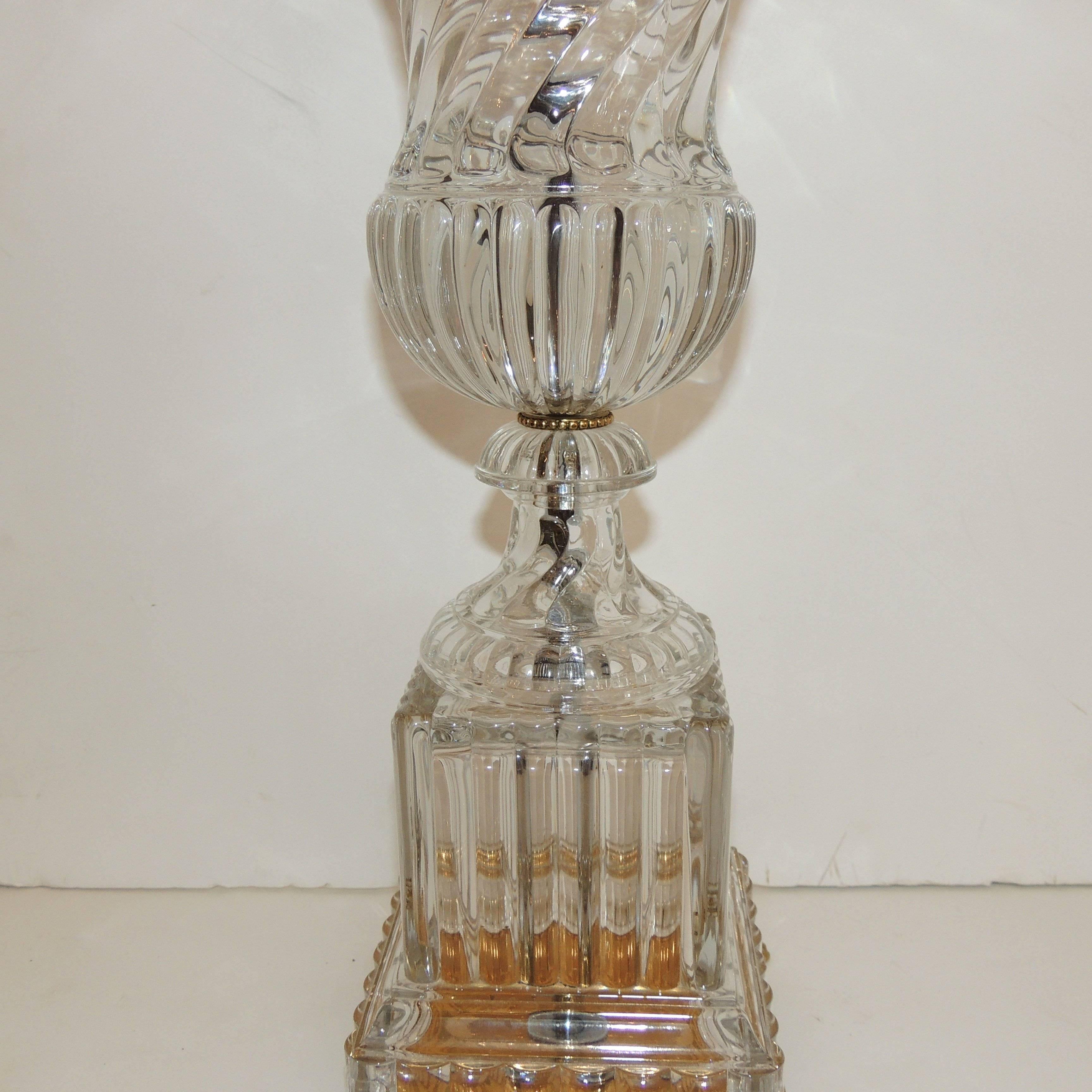 Wonderful Pair Baccarat Crystal Swirl Dore Bronze Urn Neoclassical Regency Lamps 1