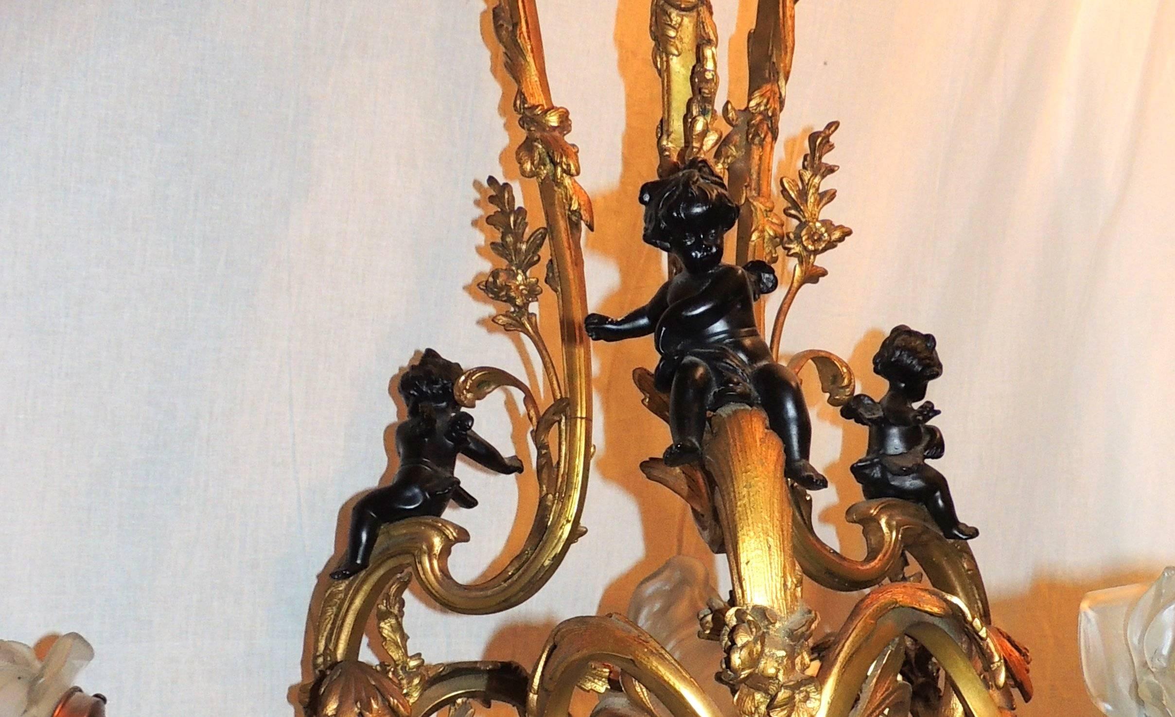 Frosted Wonderful 19th Century French Doré Bronze Cherub Rose Bud Shade Large Chandelier