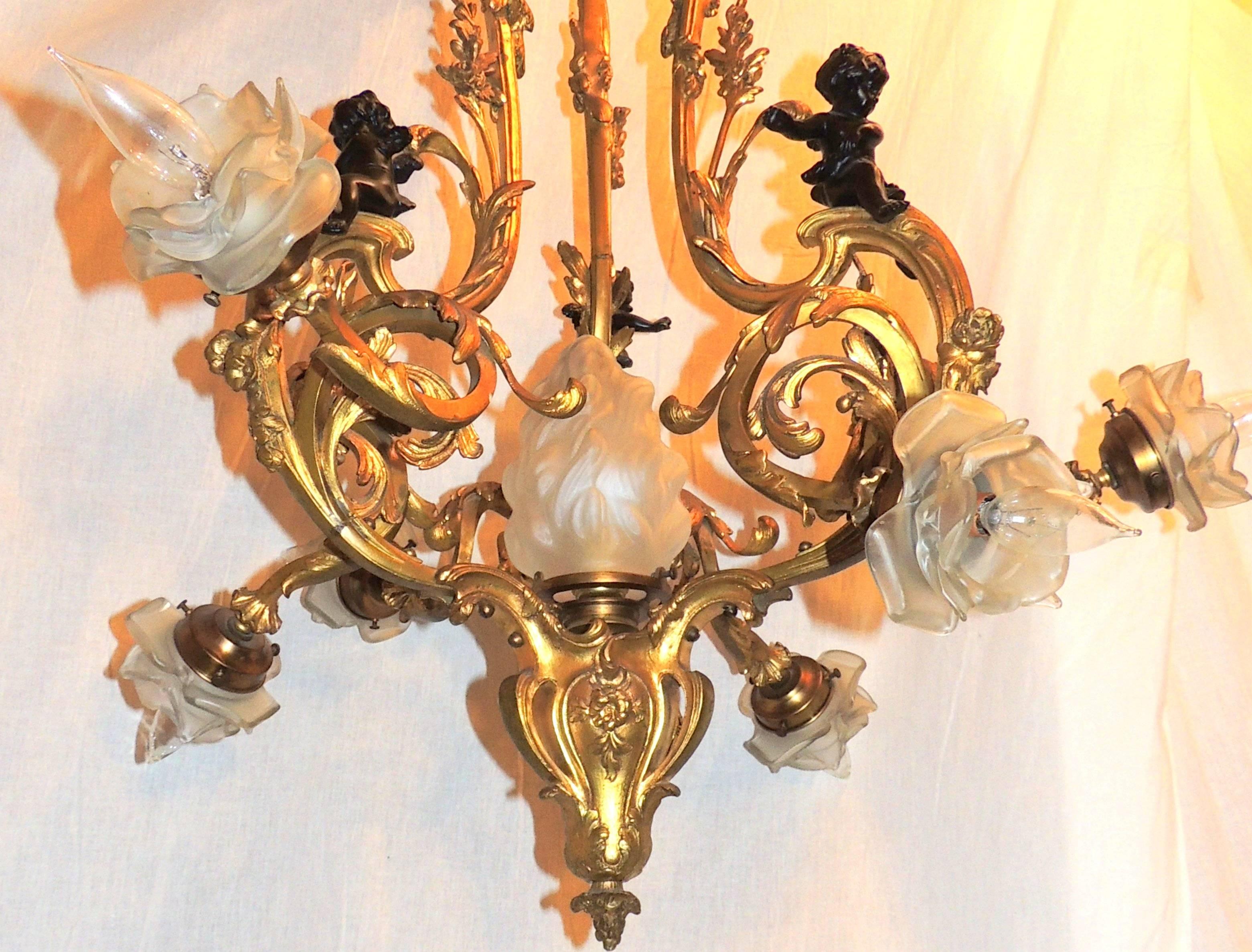 Late 19th Century Wonderful 19th Century French Doré Bronze Cherub Rose Bud Shade Large Chandelier