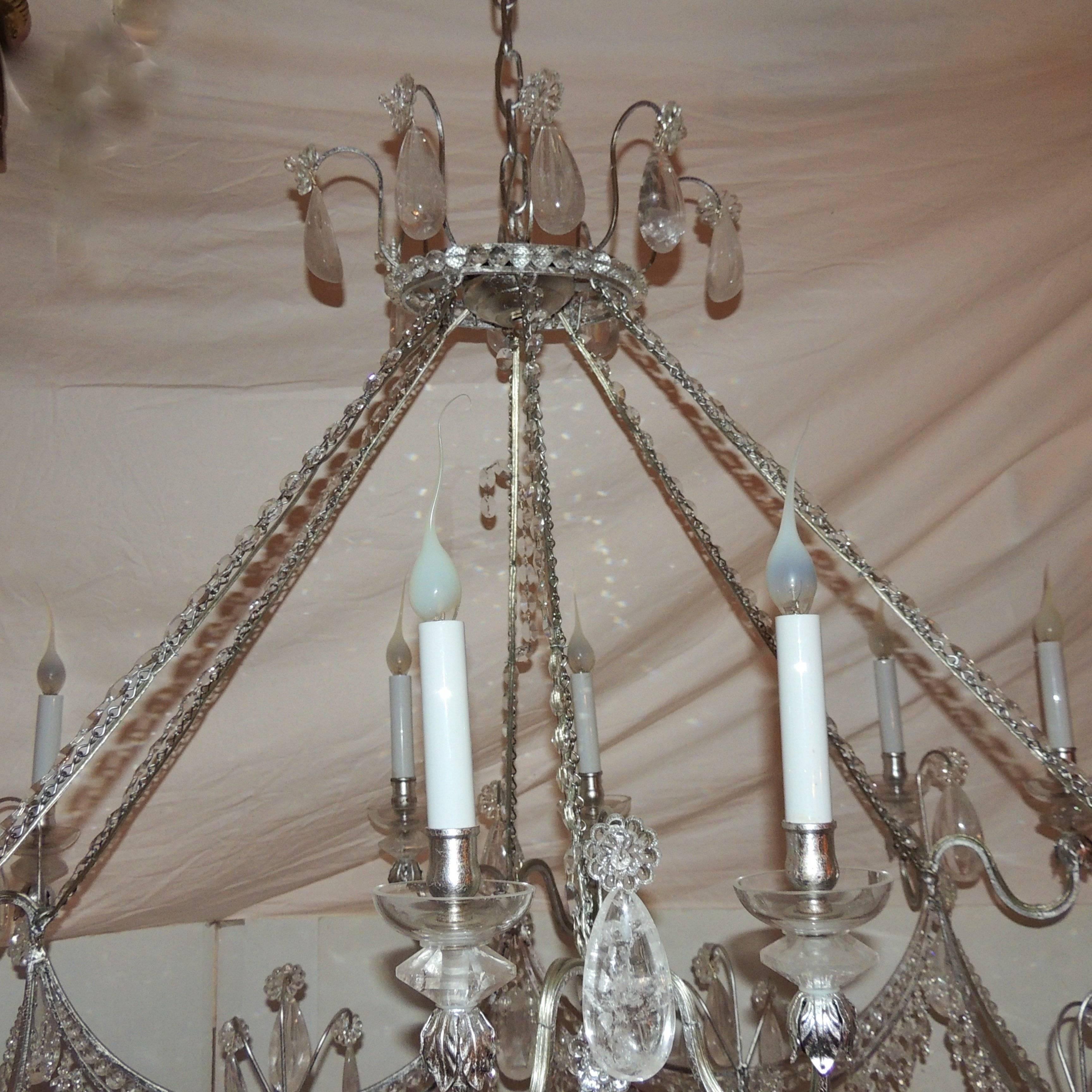Mid-Century Modern Wonderful Silver Gilt Crystal Swag Rock Crystal Rectangular Chandelier Fixture