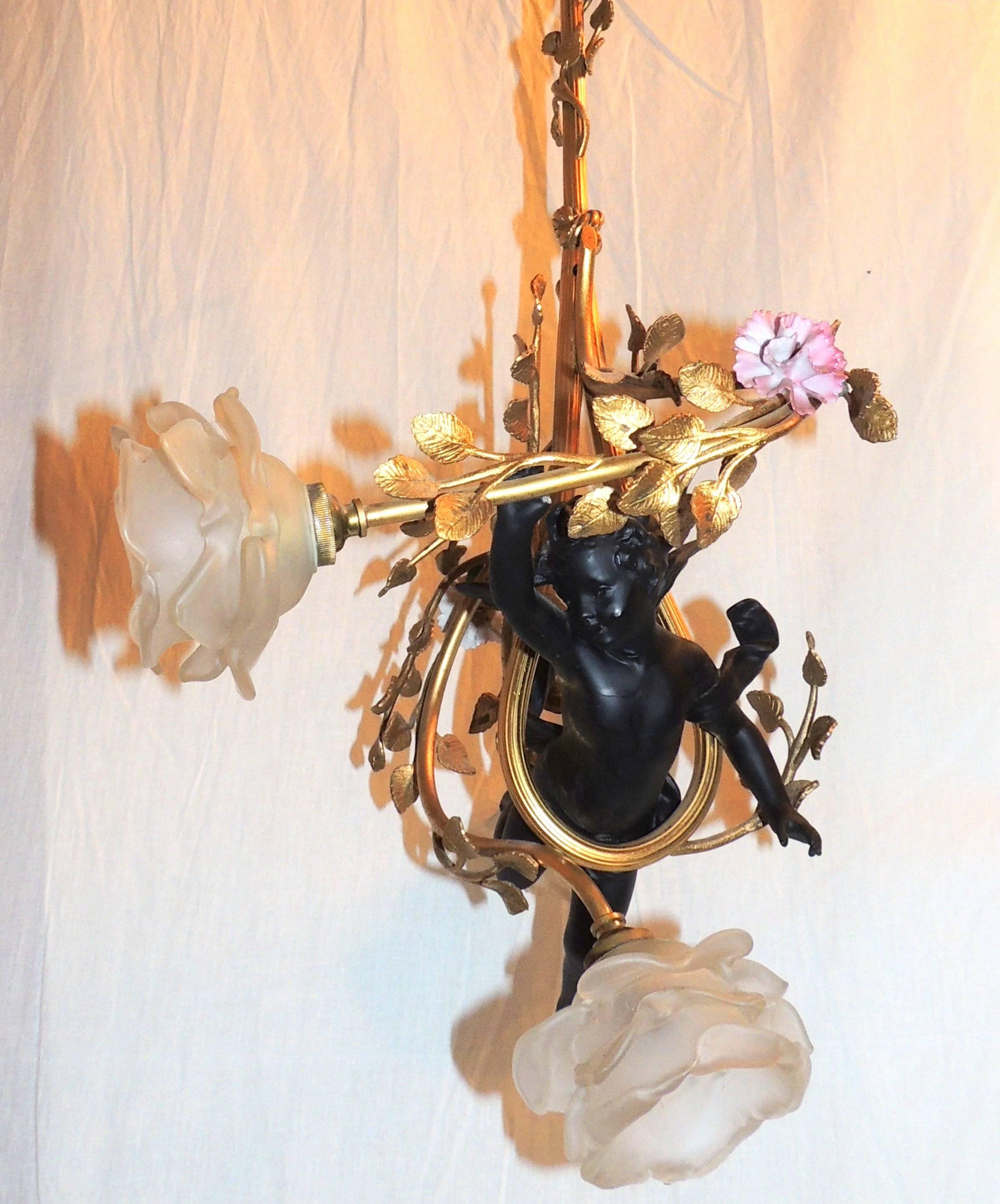 Gilt Wonderful French Bronze Bow Top Patinated Cherub Putti Porcelain Flowers Fixture