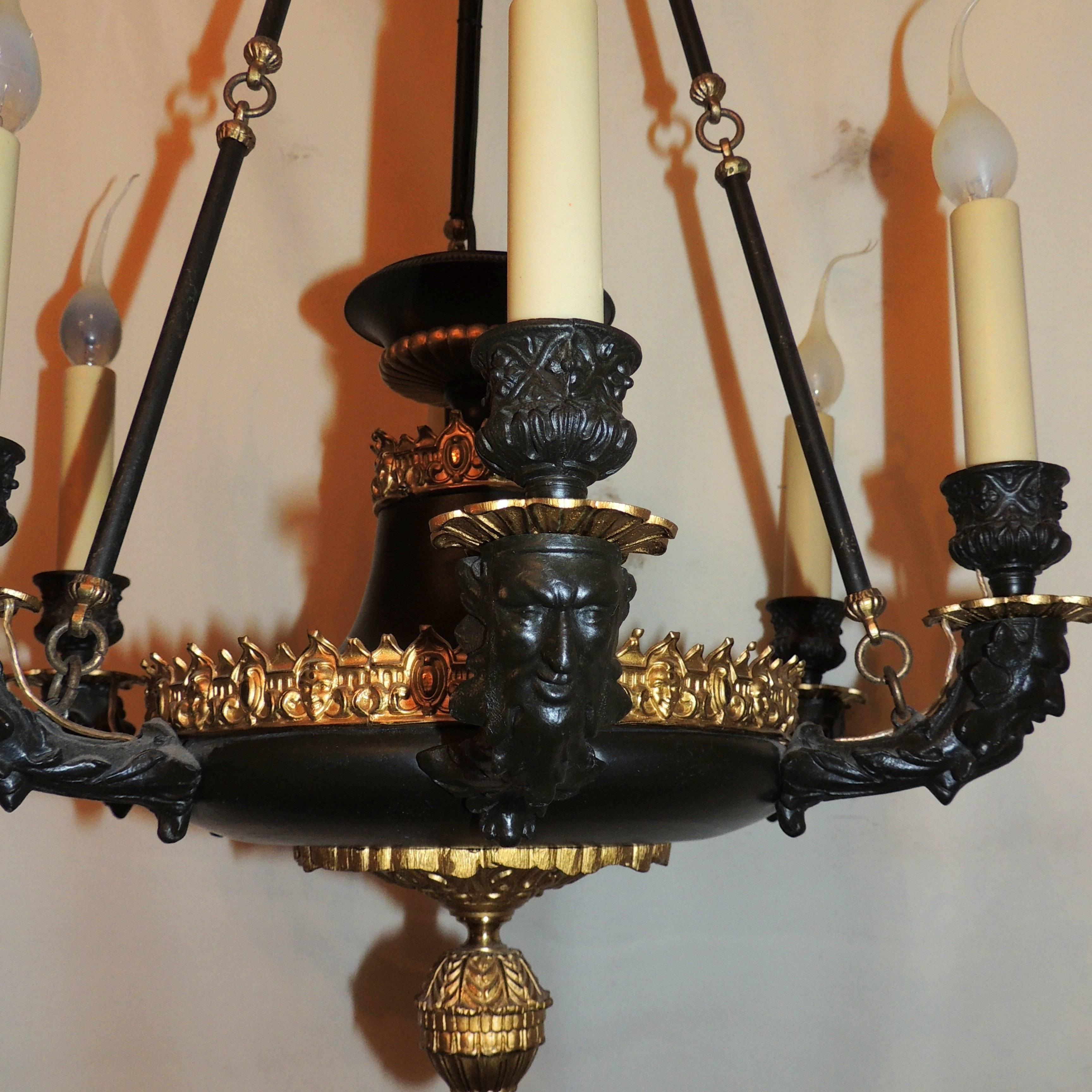 French Empire Patinated Gilt Bronze Figural Neoclassical Regency Urn Chandelier 2