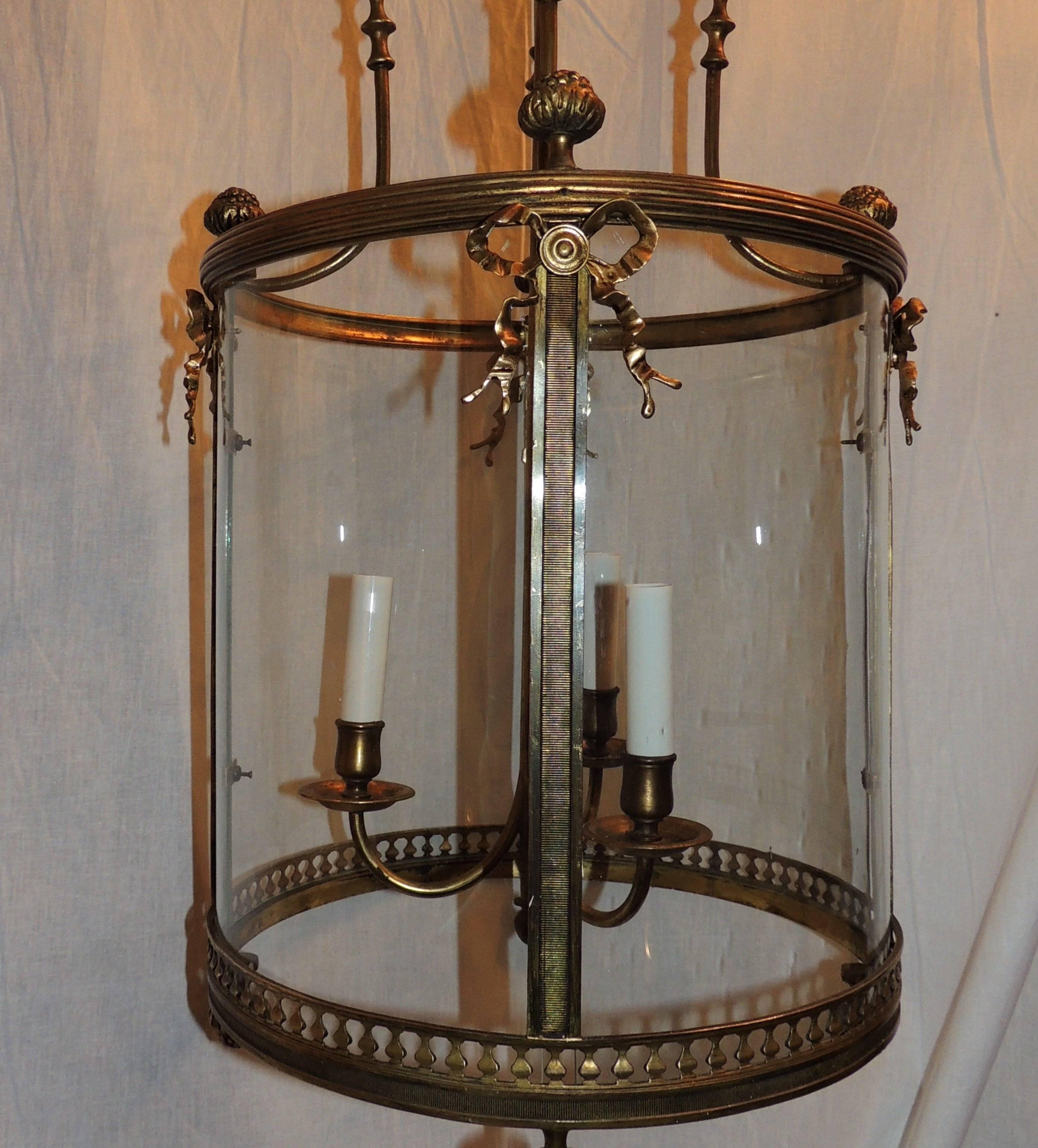 Wonderful French Neoclassical Large Bronze Bow Regency Lantern Fixture Pendent In Good Condition For Sale In Roslyn, NY
