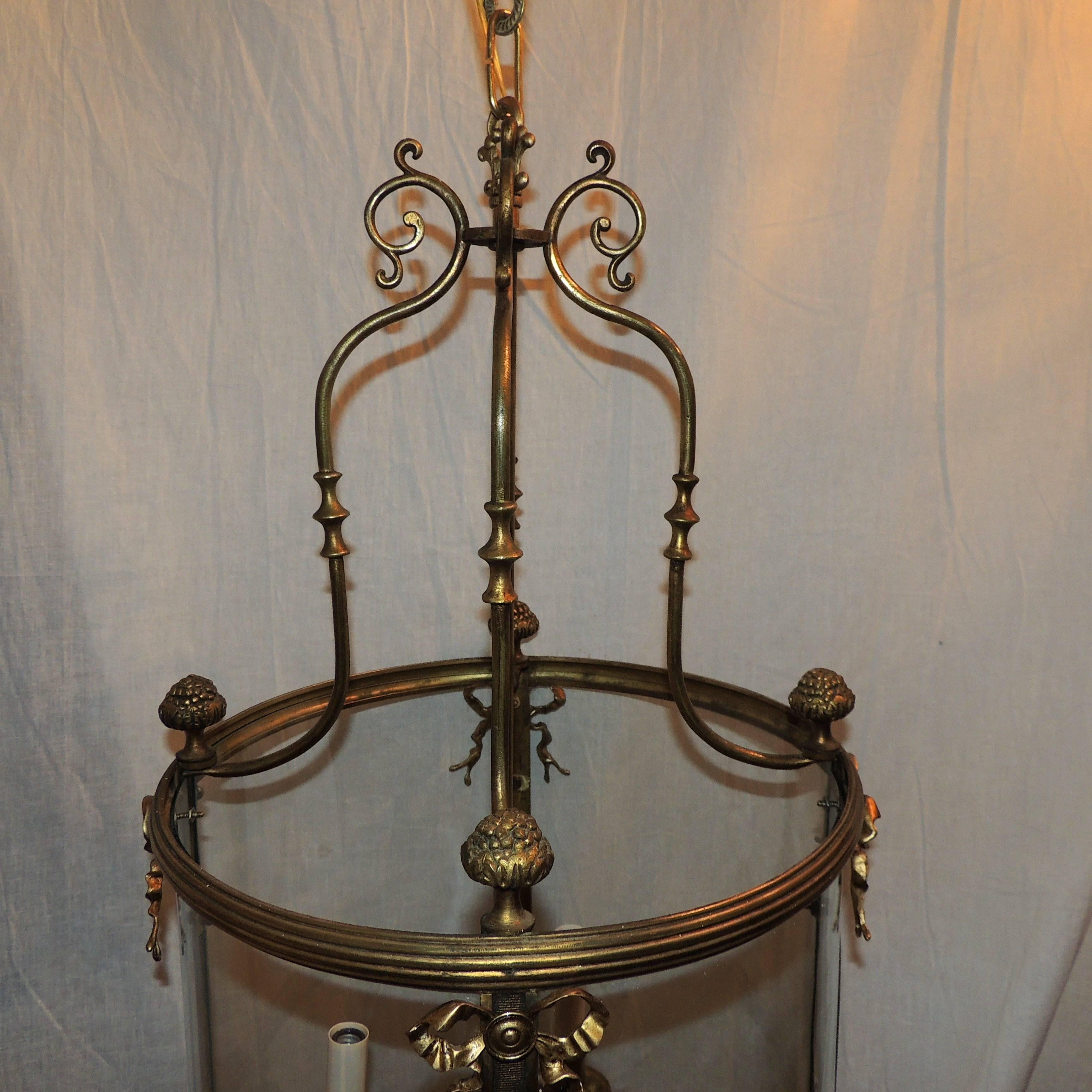 Gilt Wonderful French Neoclassical Large Bronze Bow Regency Lantern Fixture Pendent For Sale