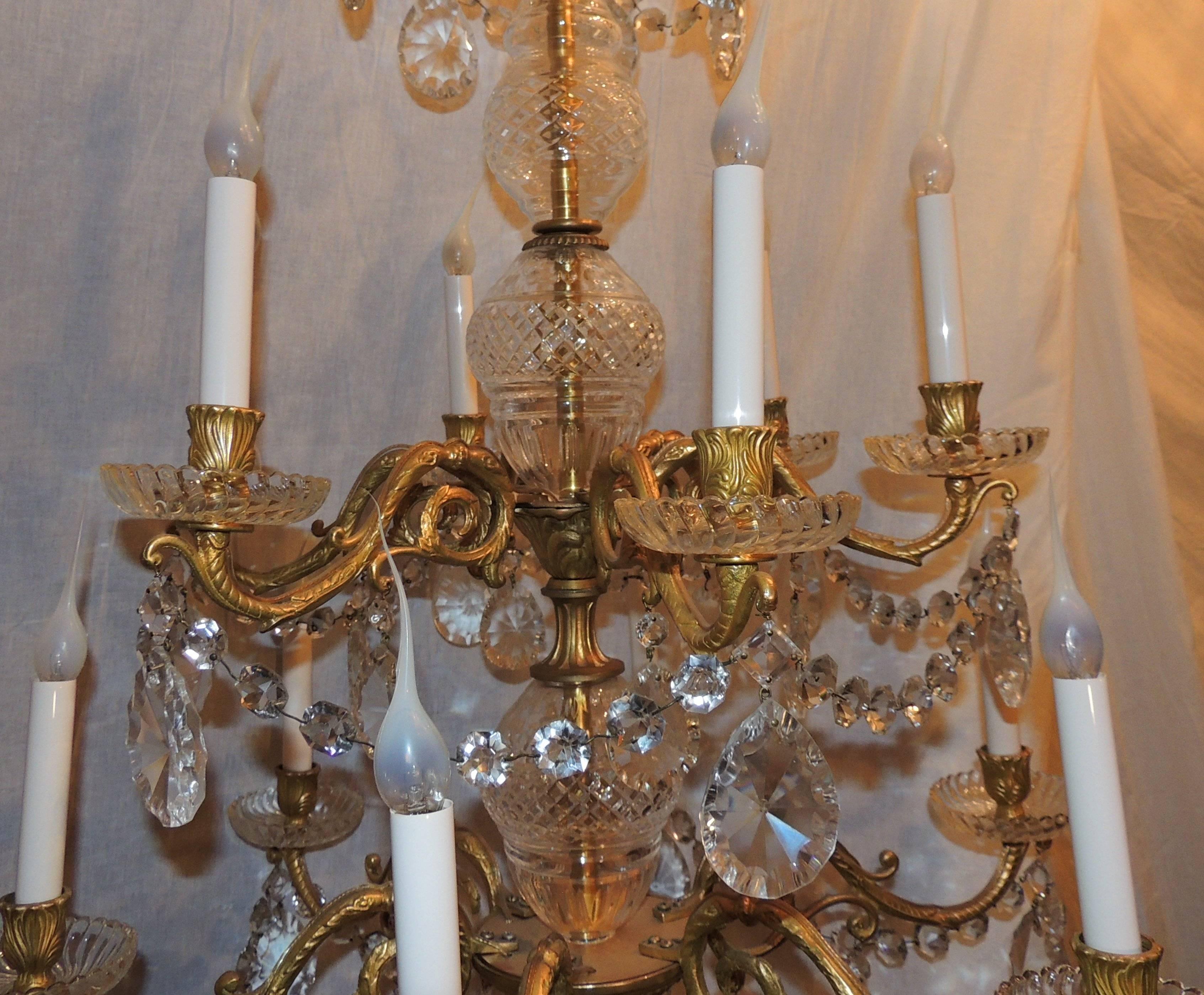 French Three-Tier 12-Arm Cut Crystal Dore Bronze Chandelier Floral Fixture For Sale 1