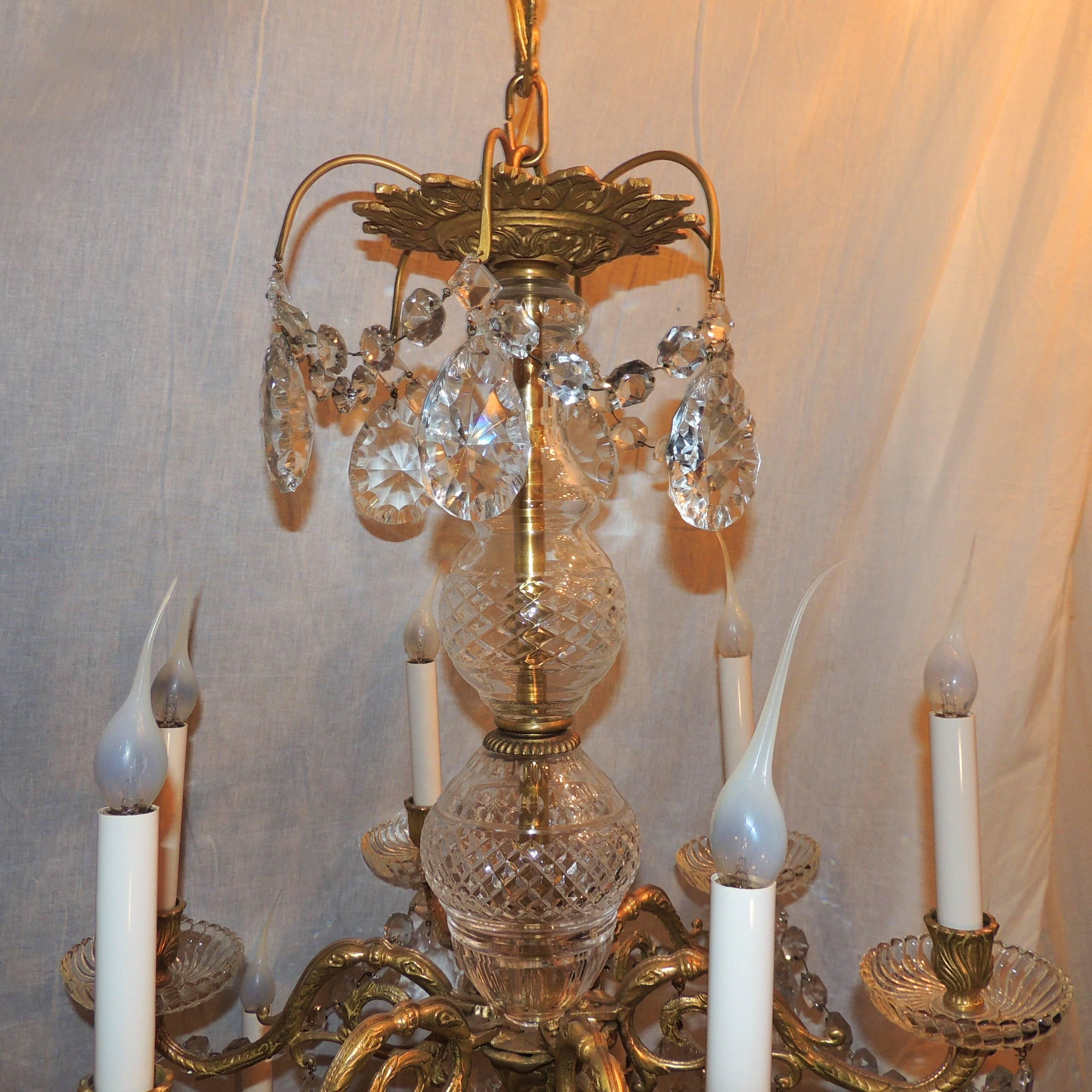 Etched French Three-Tier 12-Arm Cut Crystal Dore Bronze Chandelier Floral Fixture For Sale