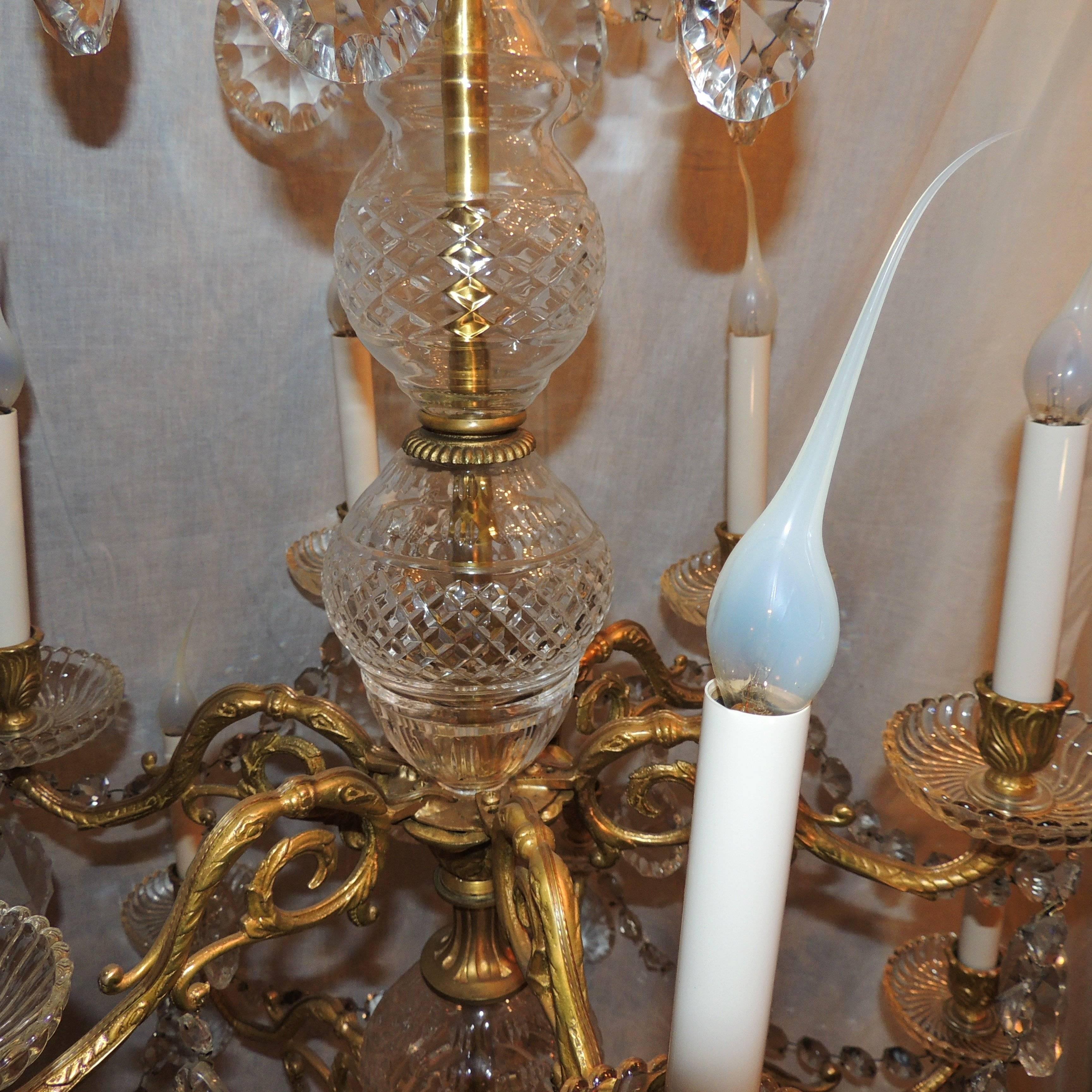 French Three-Tier 12-Arm Cut Crystal Dore Bronze Chandelier Floral Fixture In Good Condition For Sale In Roslyn, NY